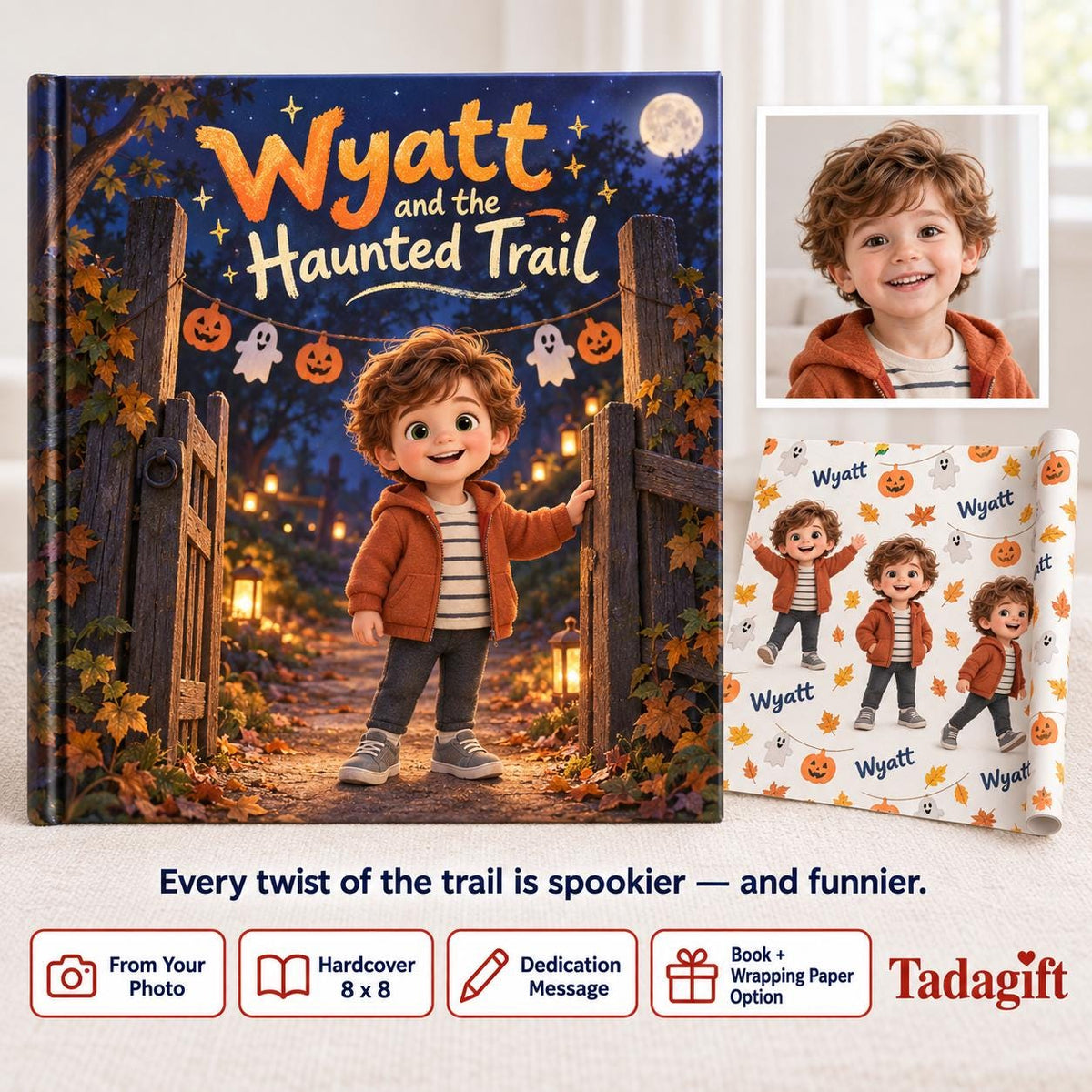 Personalized Children's Book in Hardcover: Halloween Haunted Trail Story with Wrapping Paper Included