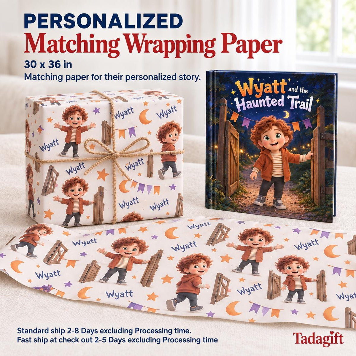 Personalized Children's Book in Hardcover: Halloween Haunted Trail Story with Wrapping Paper Included