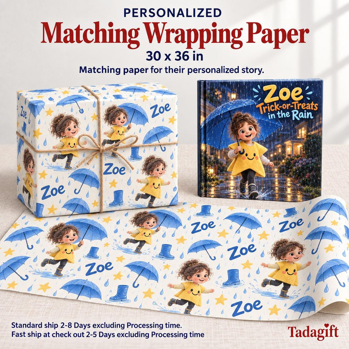 Personalized Children's Book in Hardcover: Trick or Treat in Rain with Wrapping Paper Included