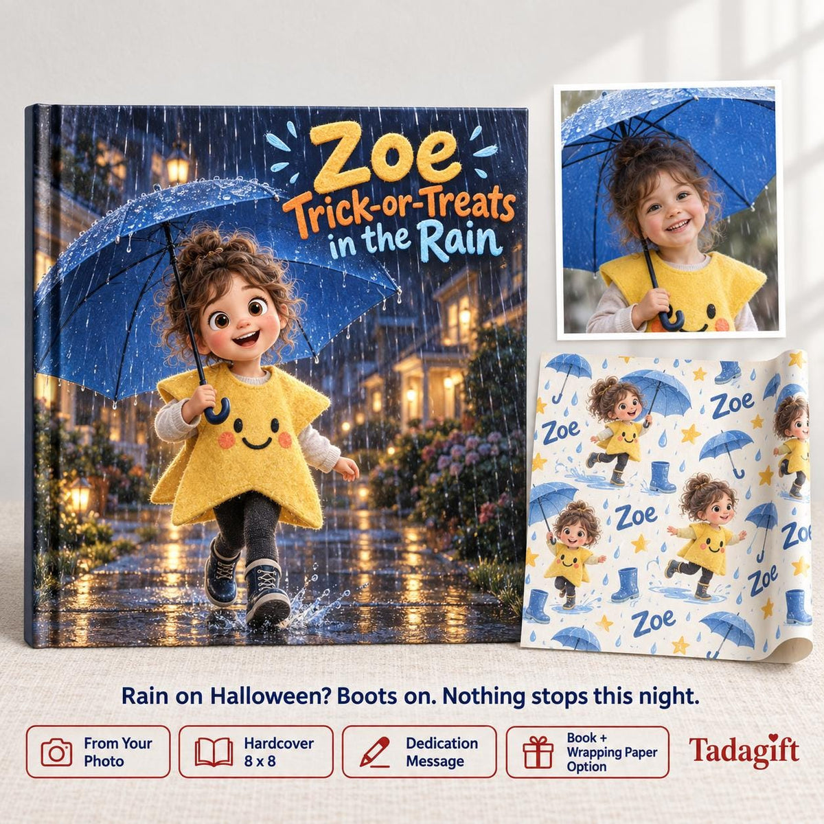 Personalized Children's Book in Hardcover: Trick or Treat in Rain with Wrapping Paper Included