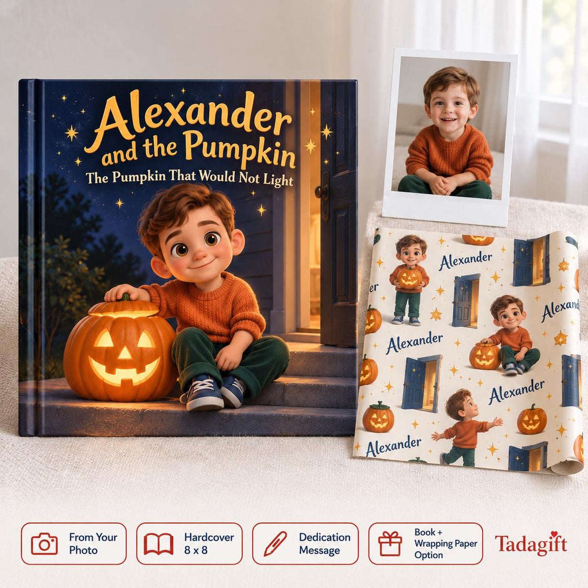 Personalized Children's Book in Hardcover: Pumpkin That Would Not Light with Wrapping Paper Included