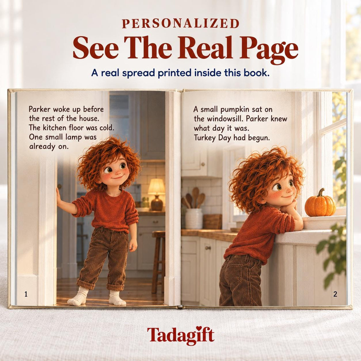 Personalized Children's Book in Hardcover: Illustrated Turkey Day Morning with Wrapping Paper Included