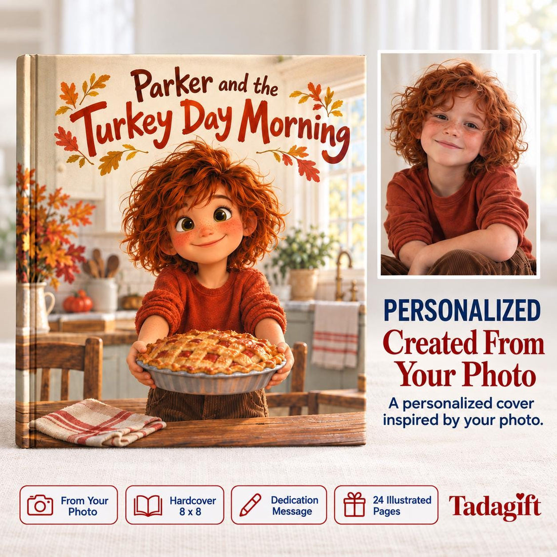 Personalized Children's Book in Hardcover: Illustrated Turkey Day Morning with Wrapping Paper Included