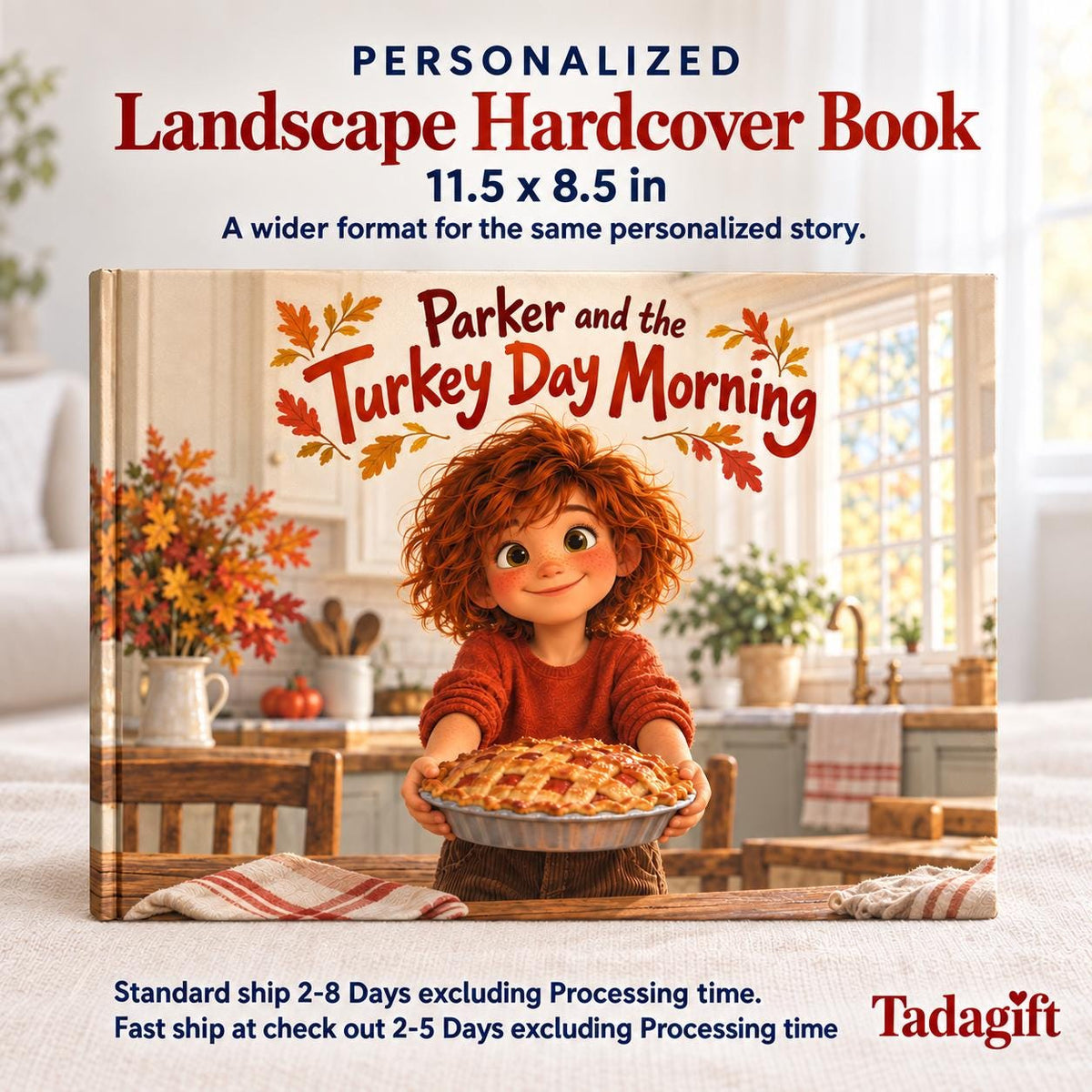 Personalized Children's Book in Hardcover: Illustrated Turkey Day Morning with Wrapping Paper Included