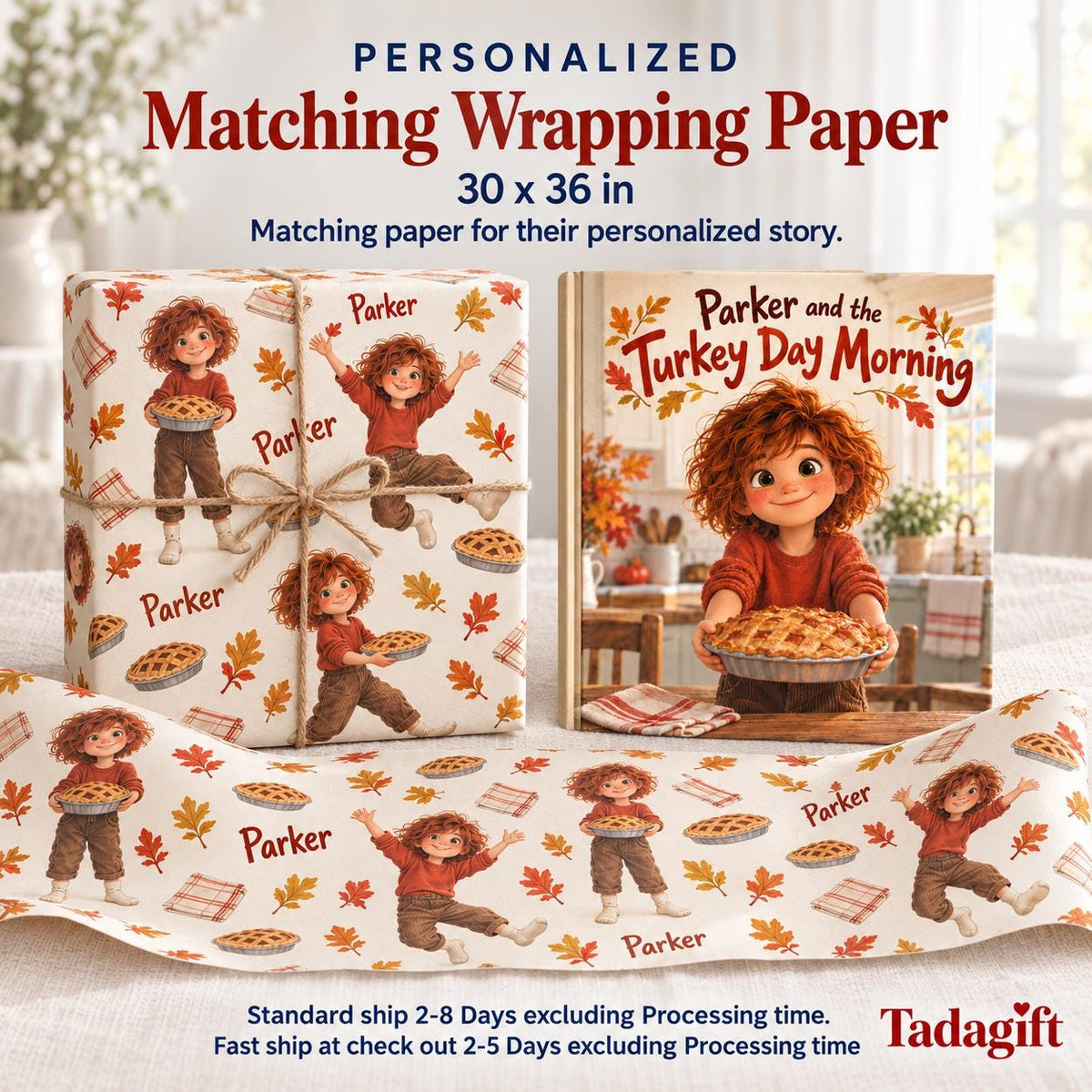 Personalized Children's Book in Hardcover: Illustrated Turkey Day Morning with Wrapping Paper Included