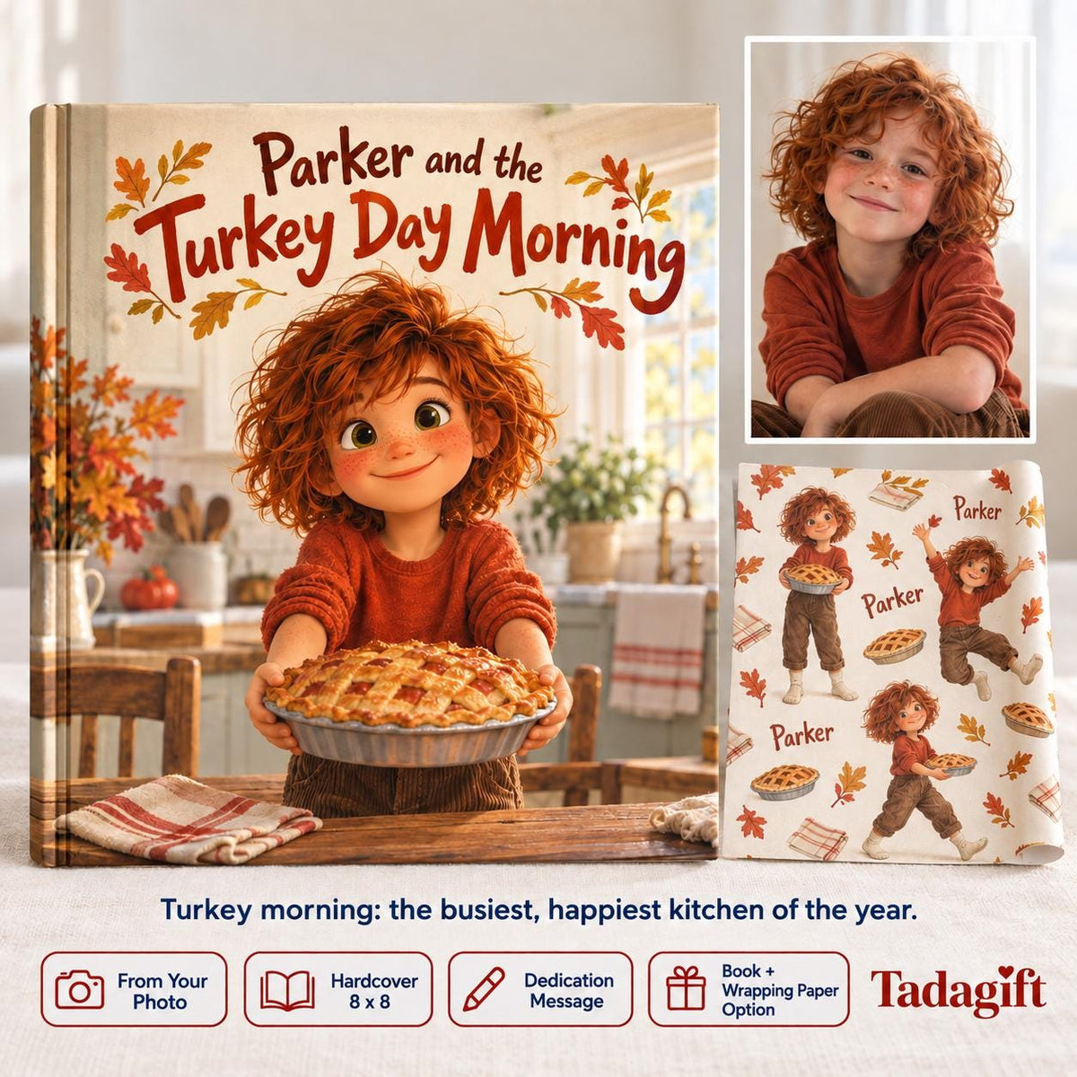 Personalized Children's Book in Hardcover: Illustrated Turkey Day Morning with Wrapping Paper Included