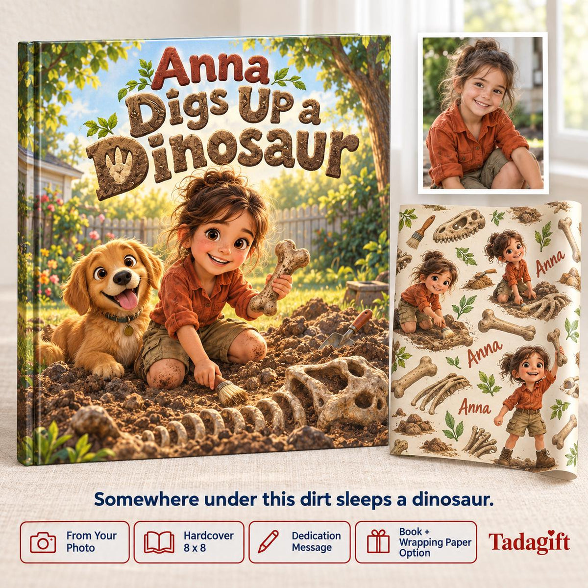 Personalized Children's Book in Hardcover: Illustrated Digging Up Dinosaur with Wrapping Paper Included