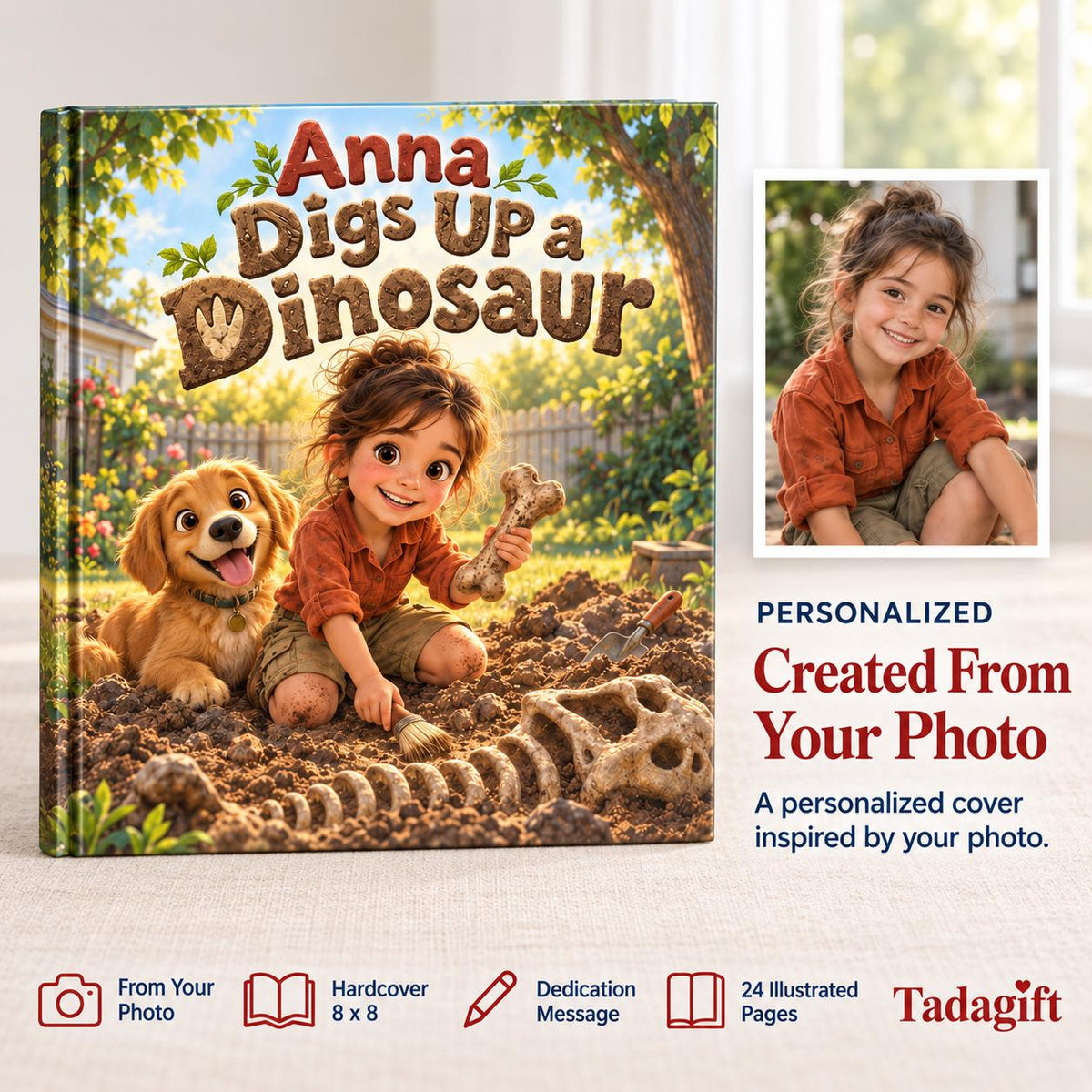 Personalized Children's Book in Hardcover: Illustrated Digging Up Dinosaur with Wrapping Paper Included