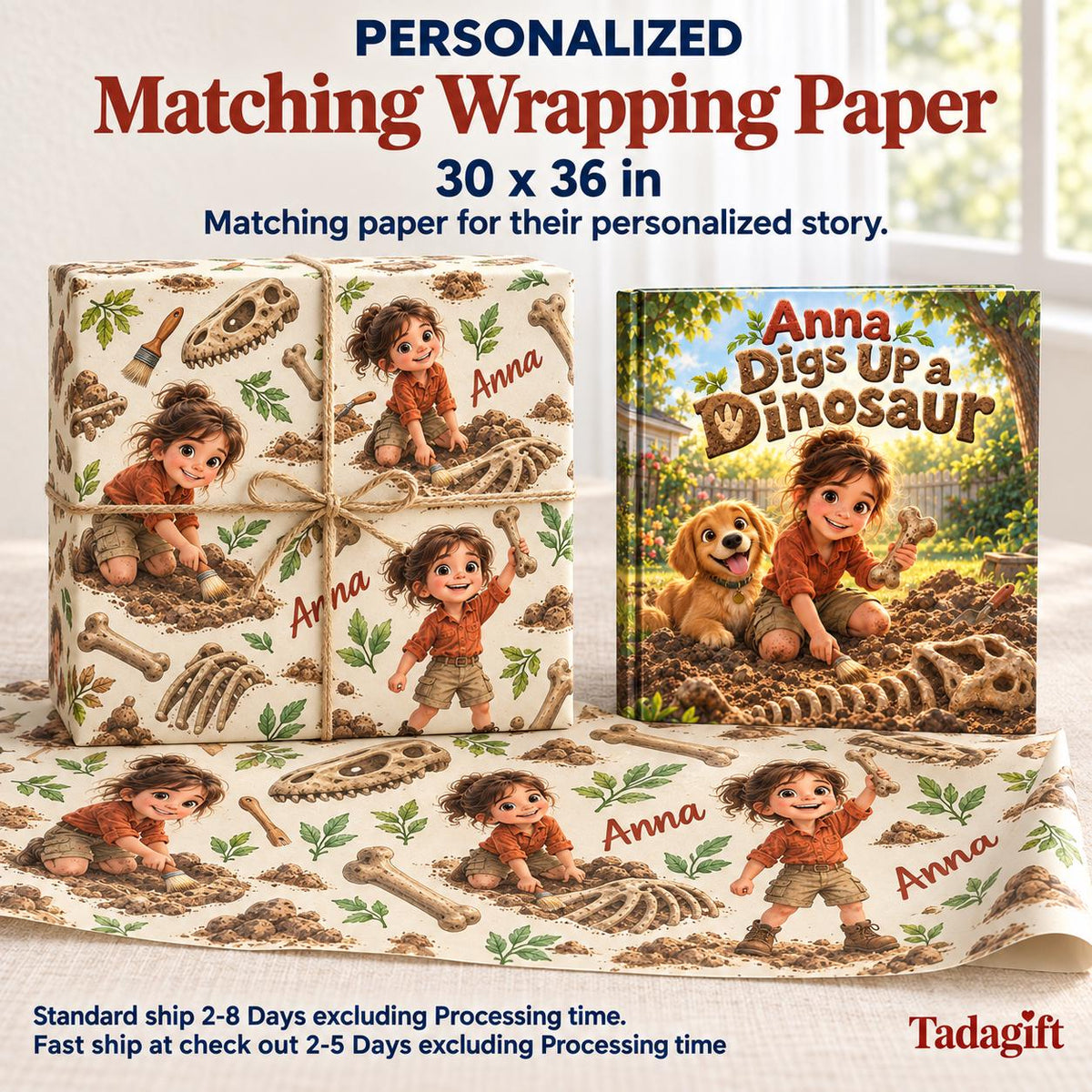 Personalized Children's Book in Hardcover: Illustrated Digging Up Dinosaur with Wrapping Paper Included