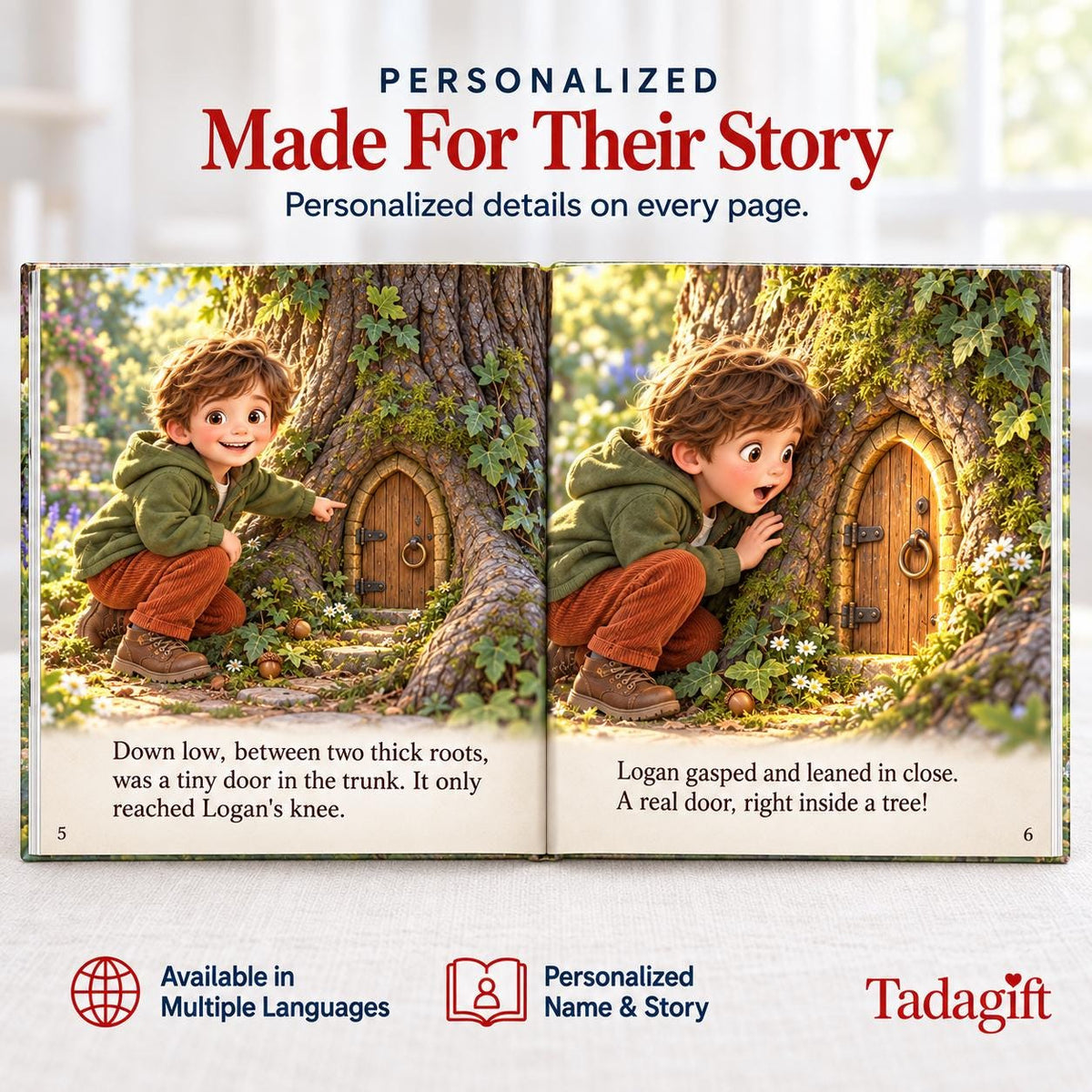 Personalized Children's Book in Hardcover: Illustrated Door in Oak Advnture with Wrapping Paper Included