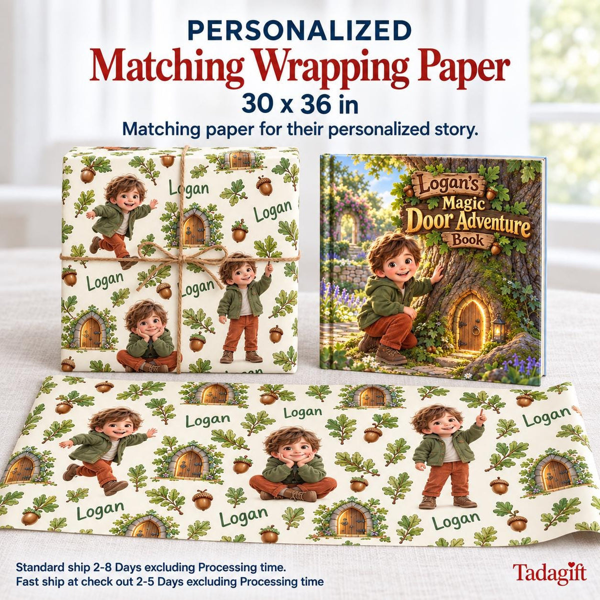 Personalized Children's Book in Hardcover: Illustrated Door in Oak Advnture with Wrapping Paper Included
