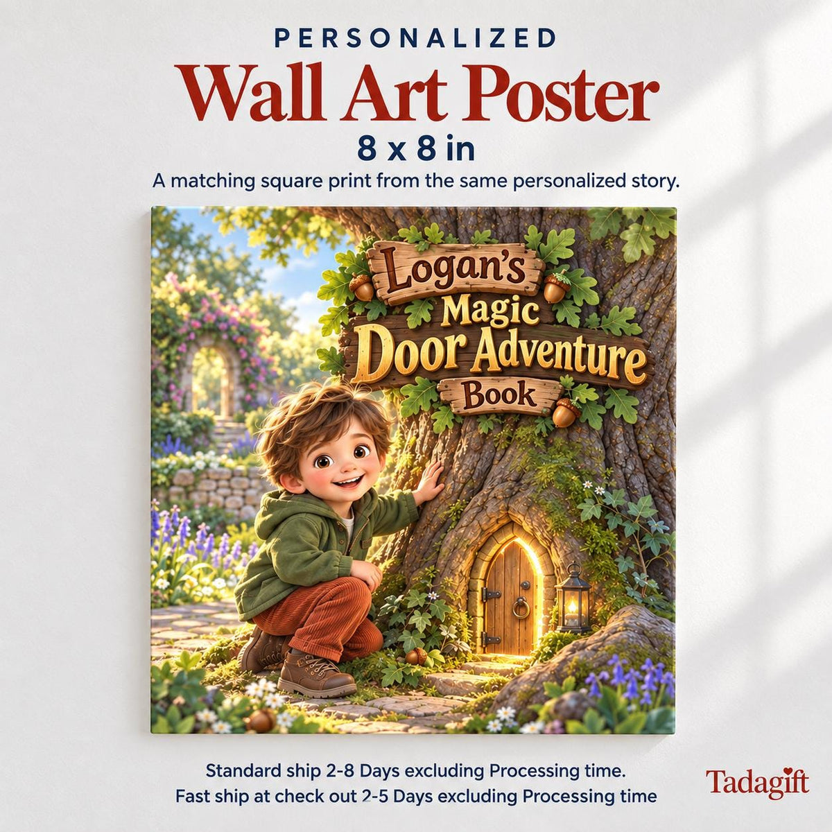 Personalized Children's Book in Hardcover: Illustrated Door in Oak Advnture with Wrapping Paper Included