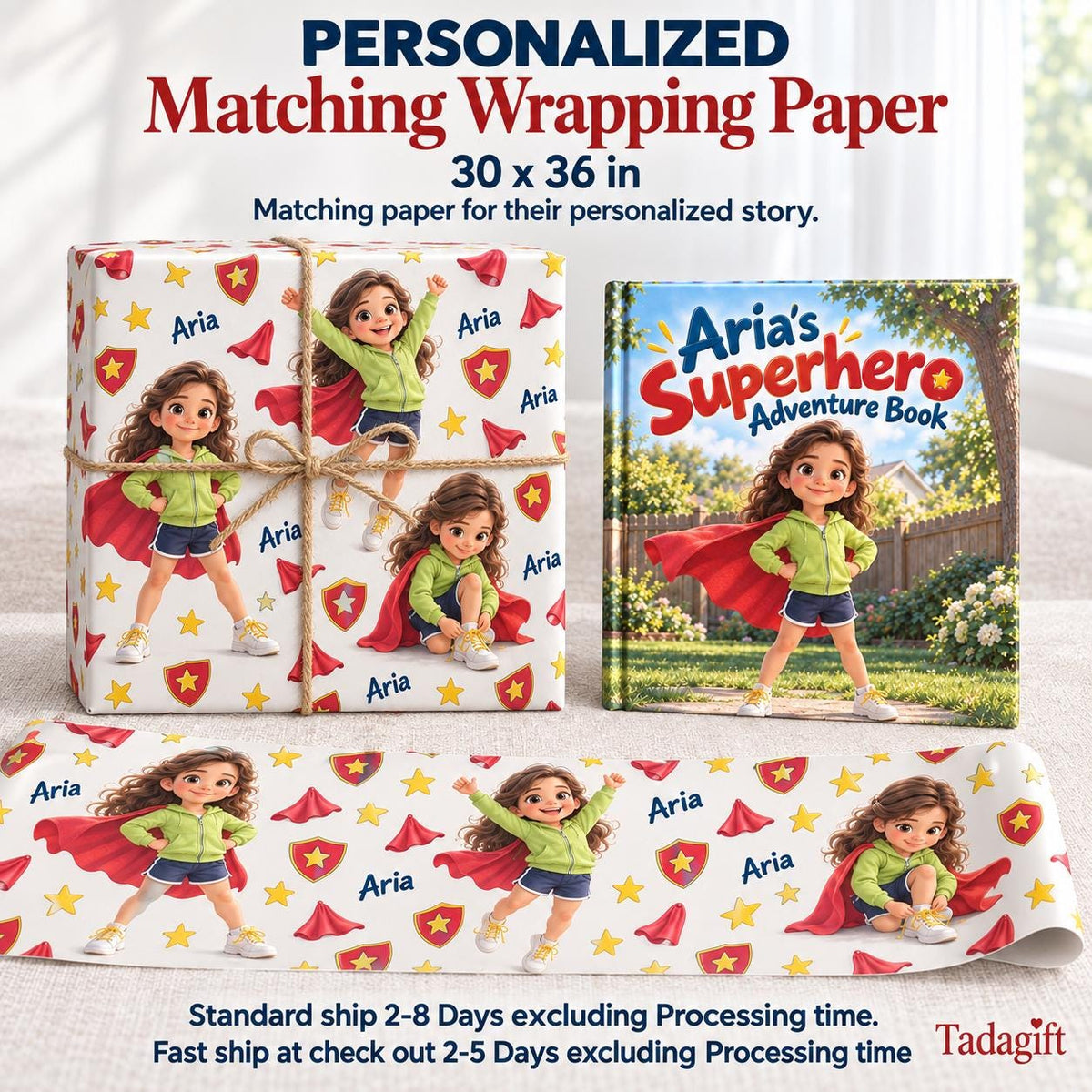 Personalized Children's Book in Hardcover: Illustrated Superhero Kid with Wrapping Paper Included
