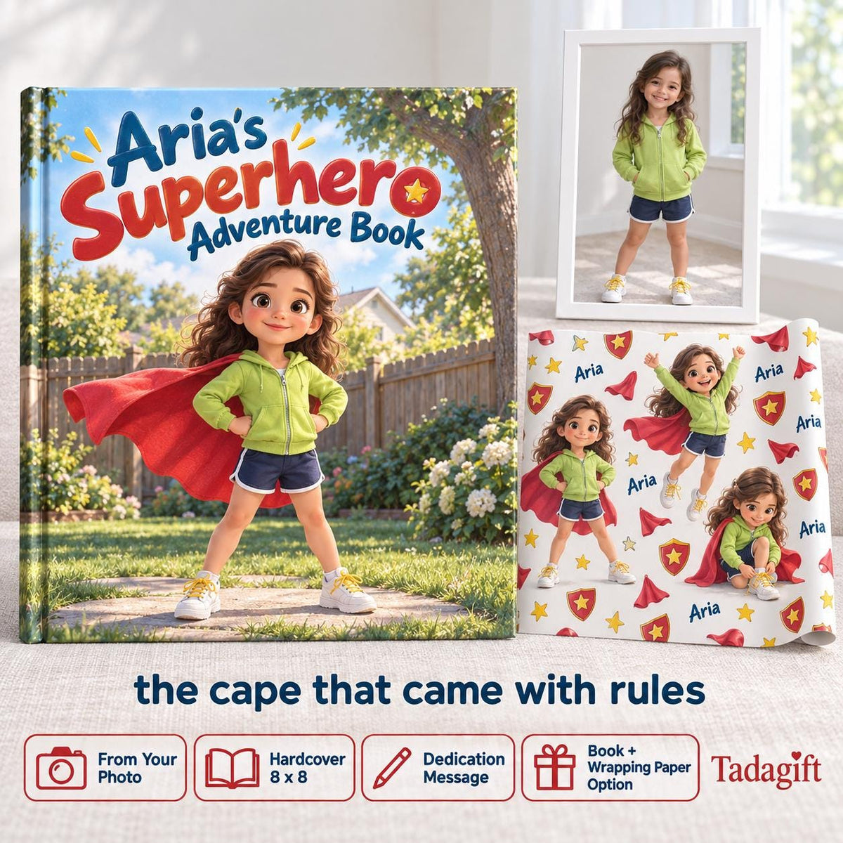 Personalized Children's Book in Hardcover: Illustrated Superhero Kid with Wrapping Paper Included