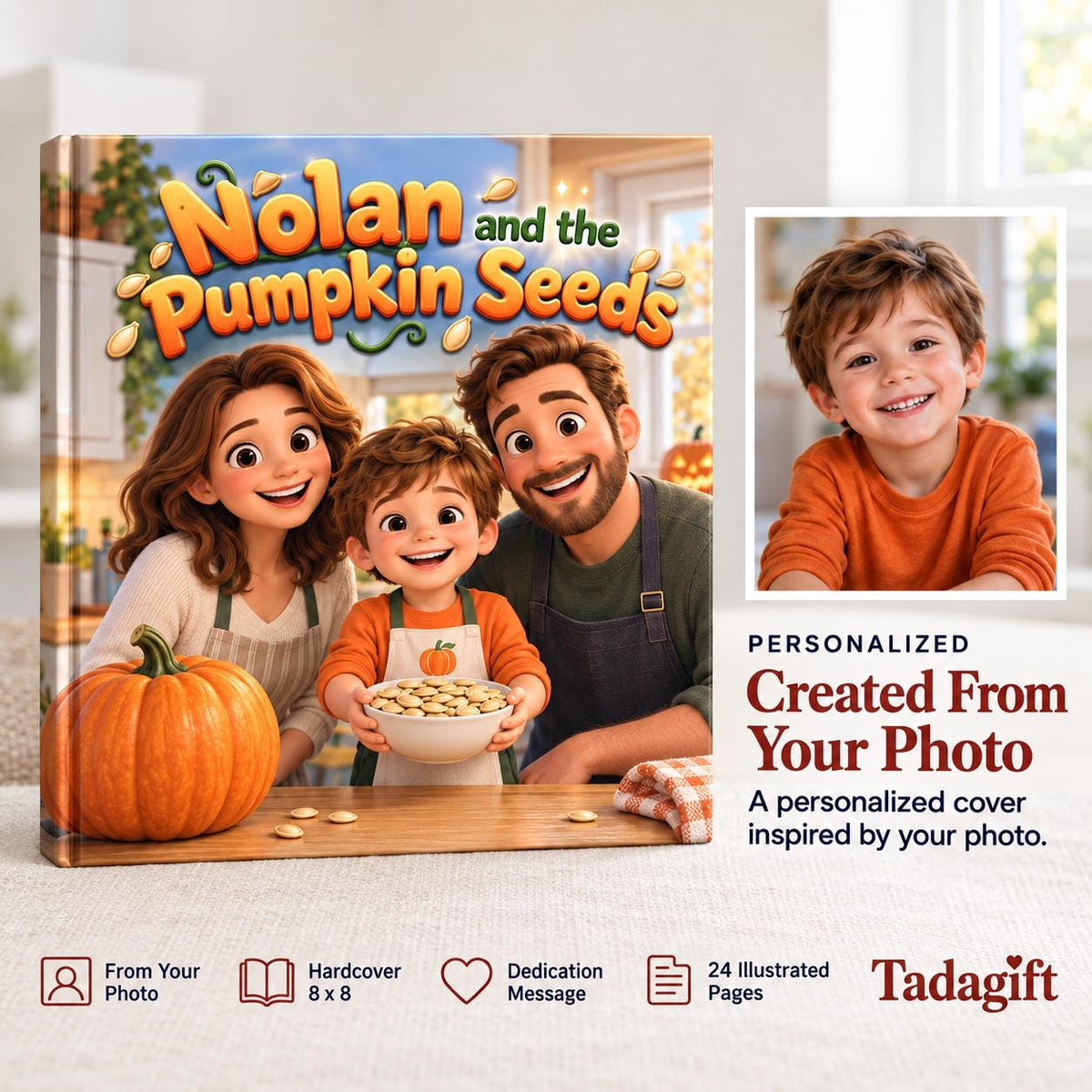 Personalized Children's Book in Hardcover: Illustrated Roasting Pumpkin Seeds with Wrapping Paper Included