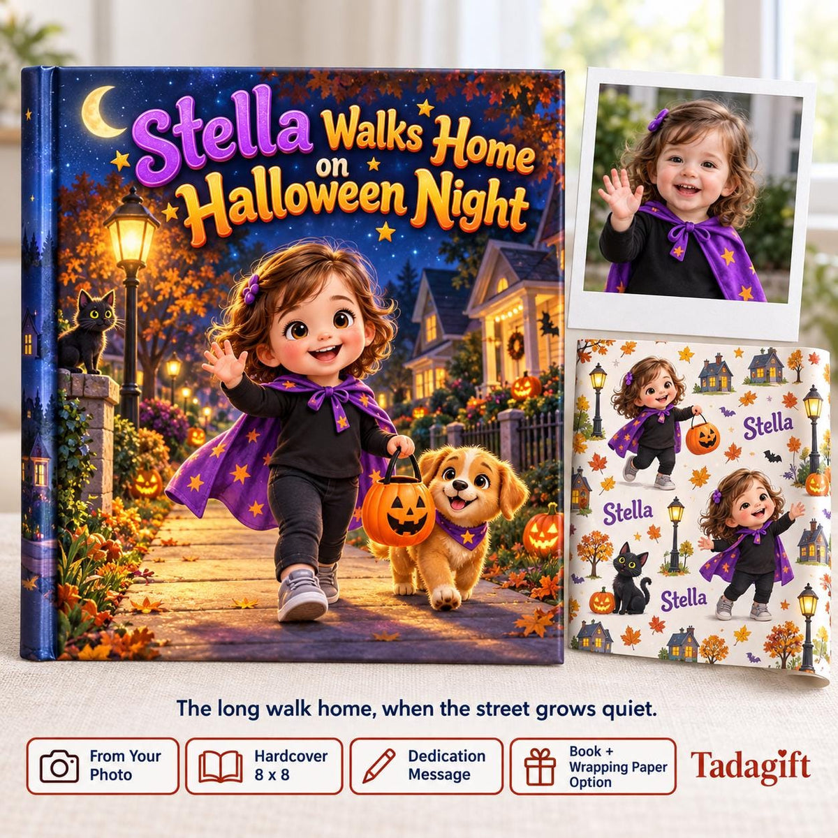 Personalized Children's Book in Hardcover: Illustrated Halloween Walk Home with Wrapping Paper Included