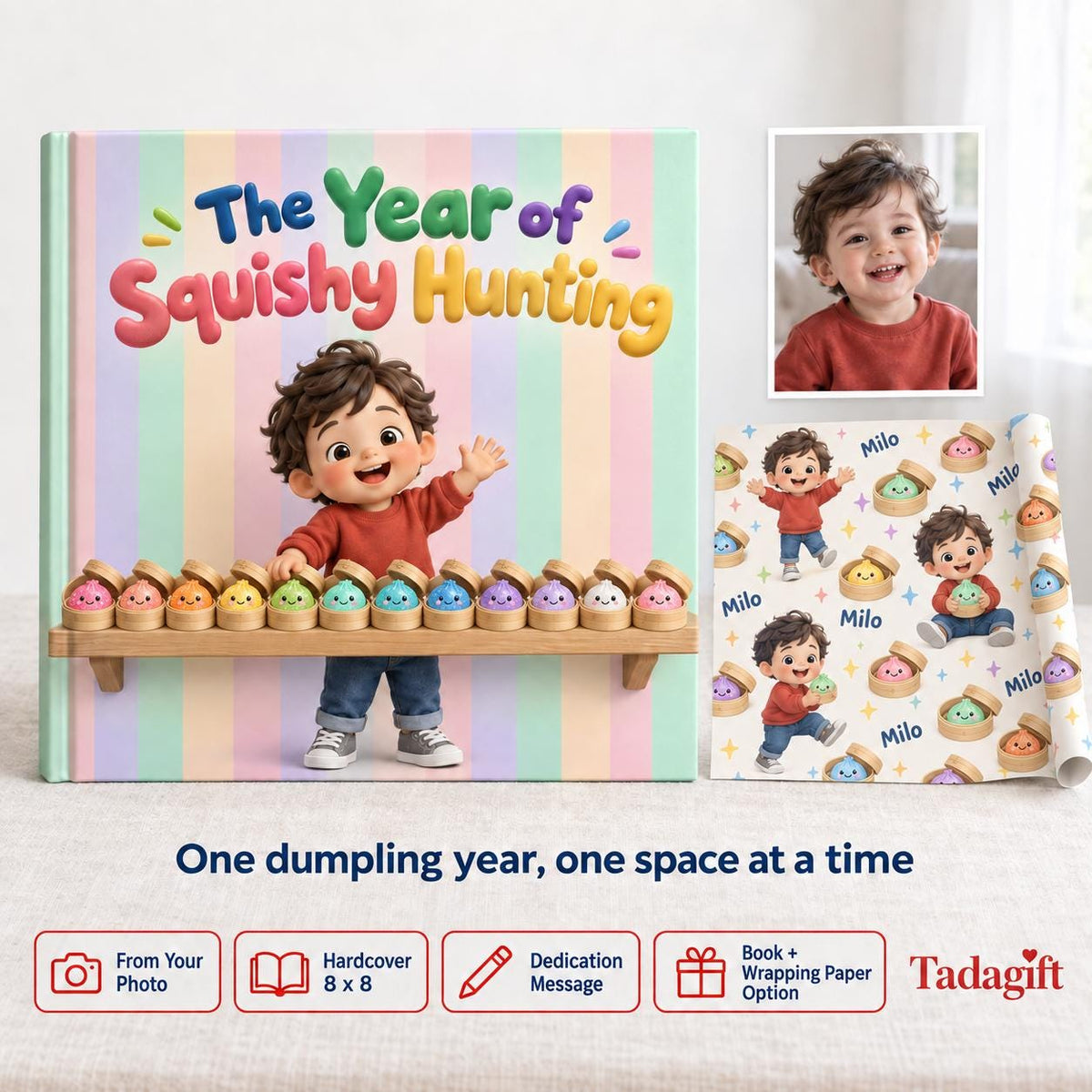 Personalized Children's Book in Hardcover: Year of Squishy Hunting with Wrapping Paper Included