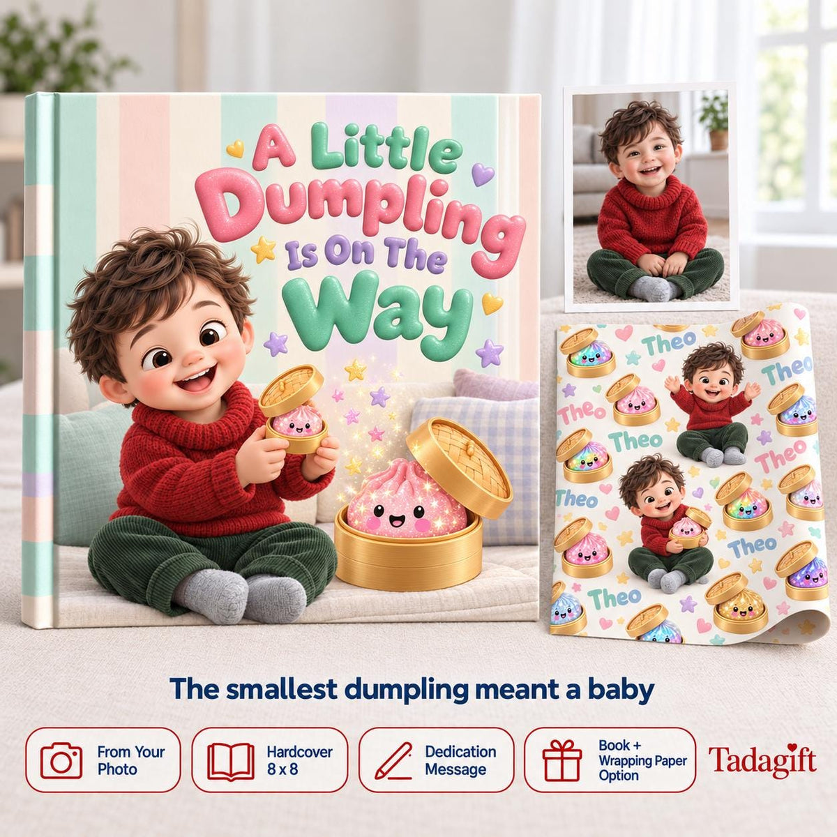 Personalized Children's Book in Hardcover: Little Dumpling Is on Way with Wrapping Paper Included