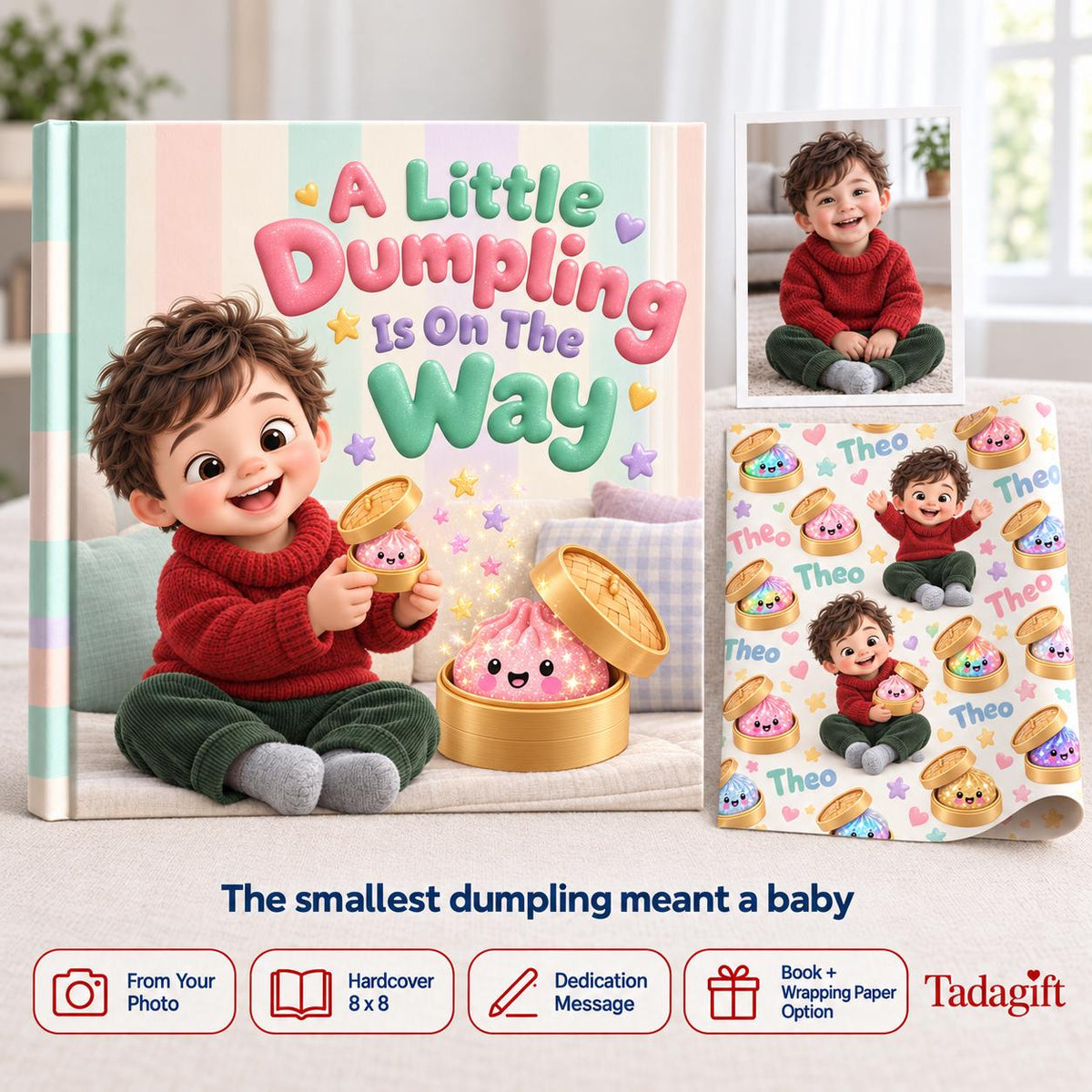 Personalized Children's Book in Hardcover: Little Dumpling Is on Way with Wrapping Paper Included