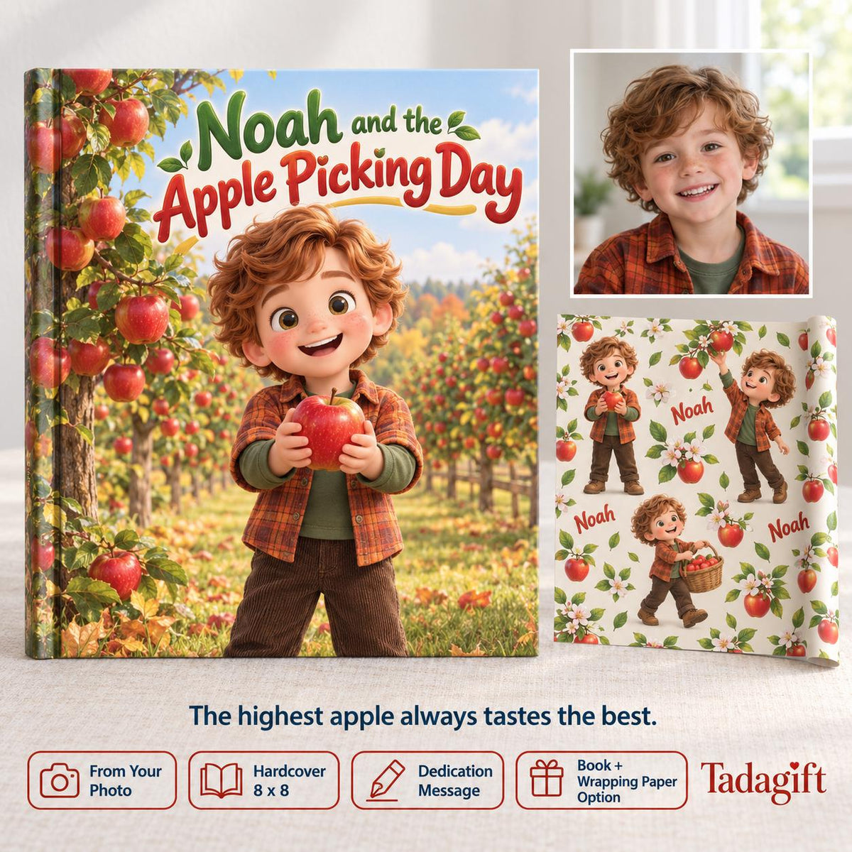 Personalized Children's Book in Hardcover: Illustrated Apple Orchard Day with Wrapping Paper Included