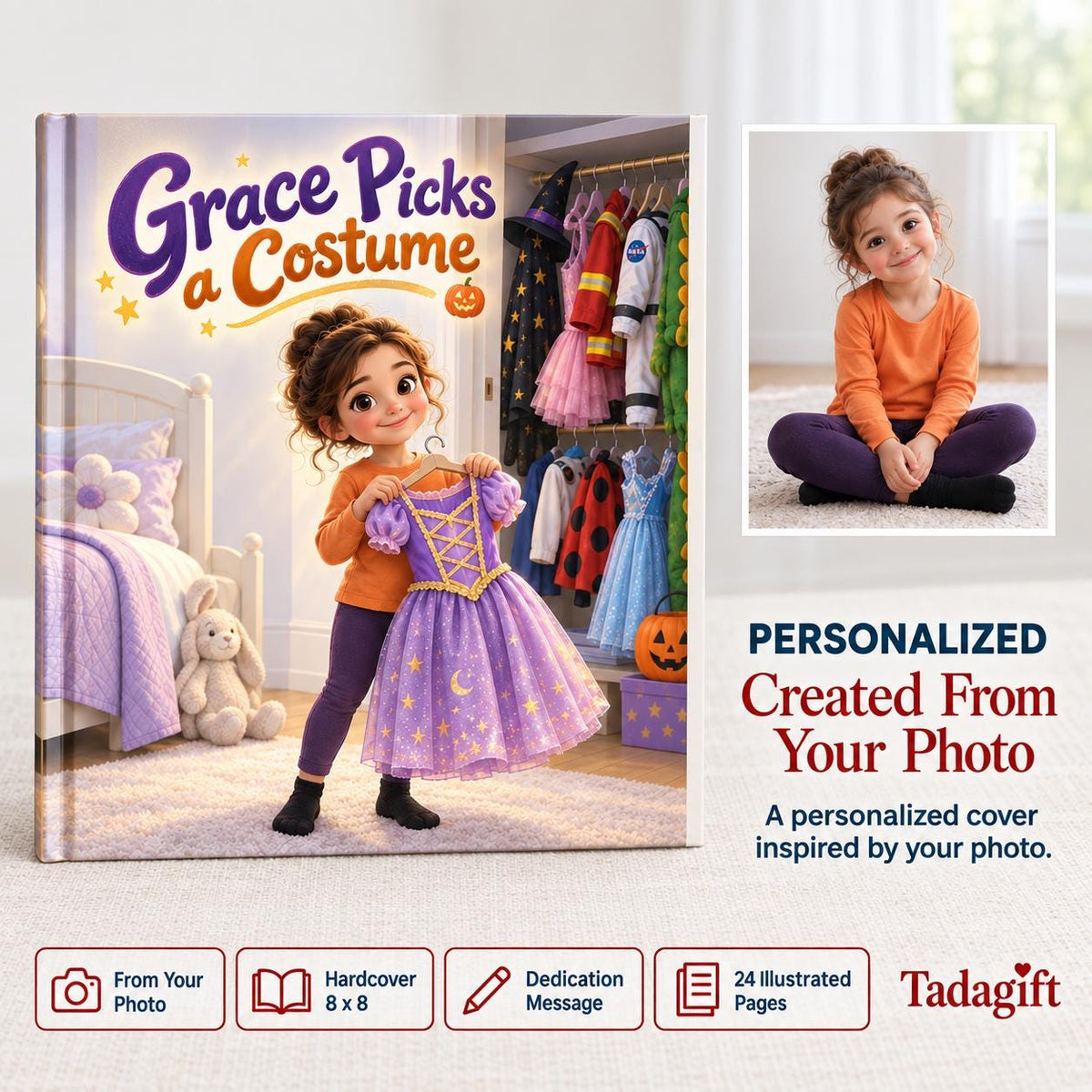 Personalized Children's Book in Hardcover: Halloween Picking Costume Story with Wrapping Paper Included