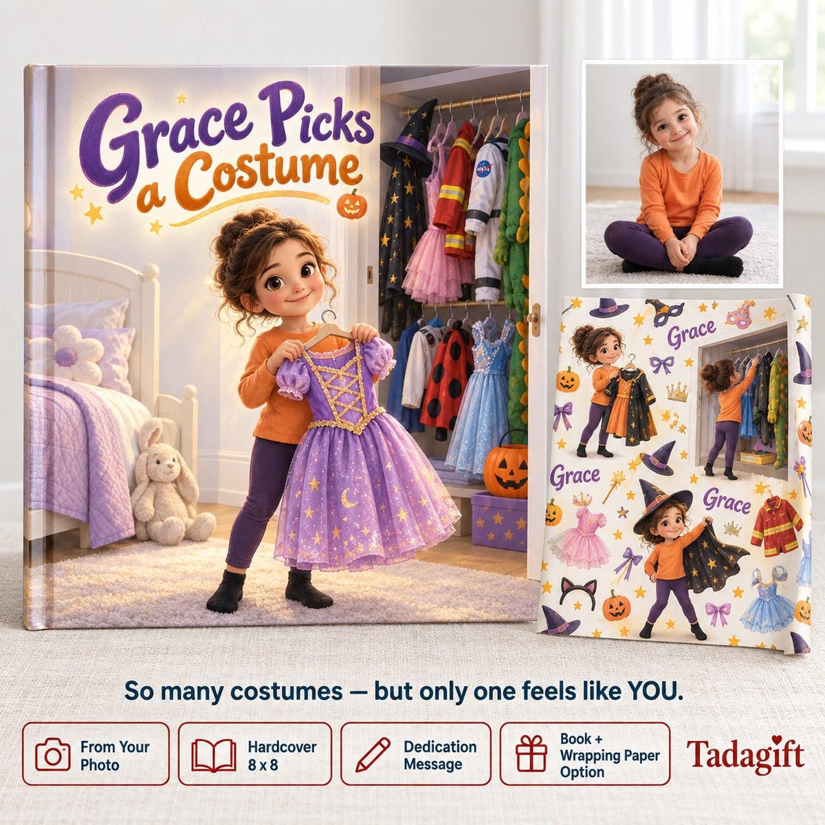 Personalized Children's Book in Hardcover: Halloween Picking Costume Story with Wrapping Paper Included