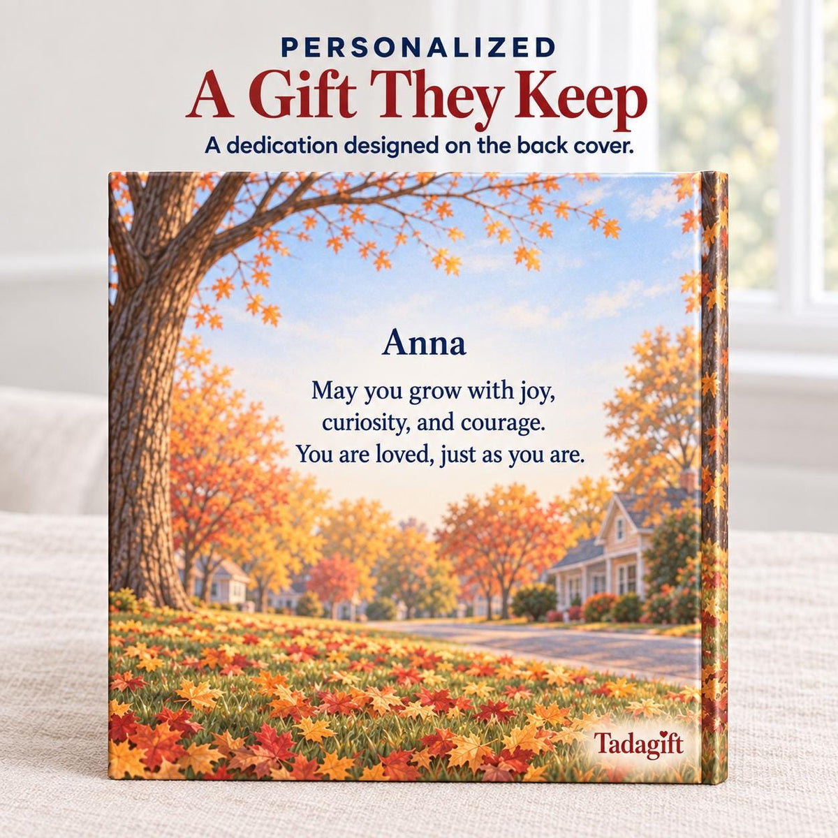 Personalized Children's Book in Hardcover: Illustrated Autumn Leaf Pile with Wrapping Paper Included