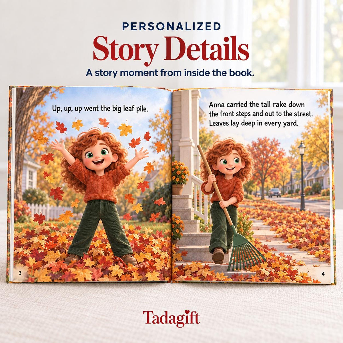 Personalized Children's Book in Hardcover: Illustrated Autumn Leaf Pile with Wrapping Paper Included