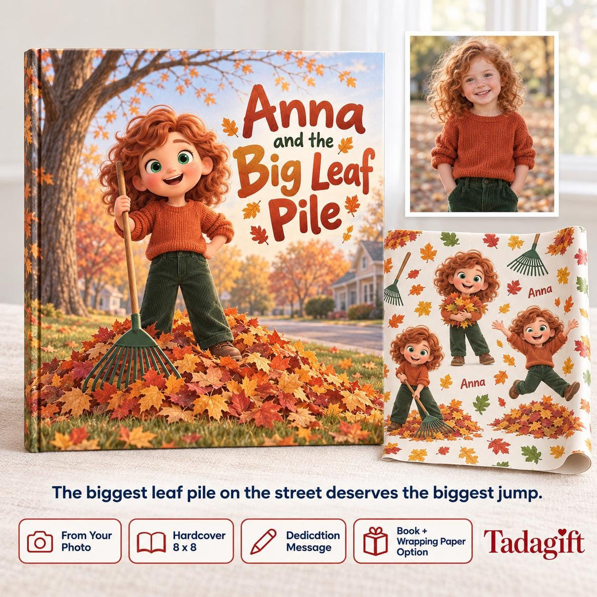 Personalized Children's Book in Hardcover: Illustrated Autumn Leaf Pile with Wrapping Paper Included