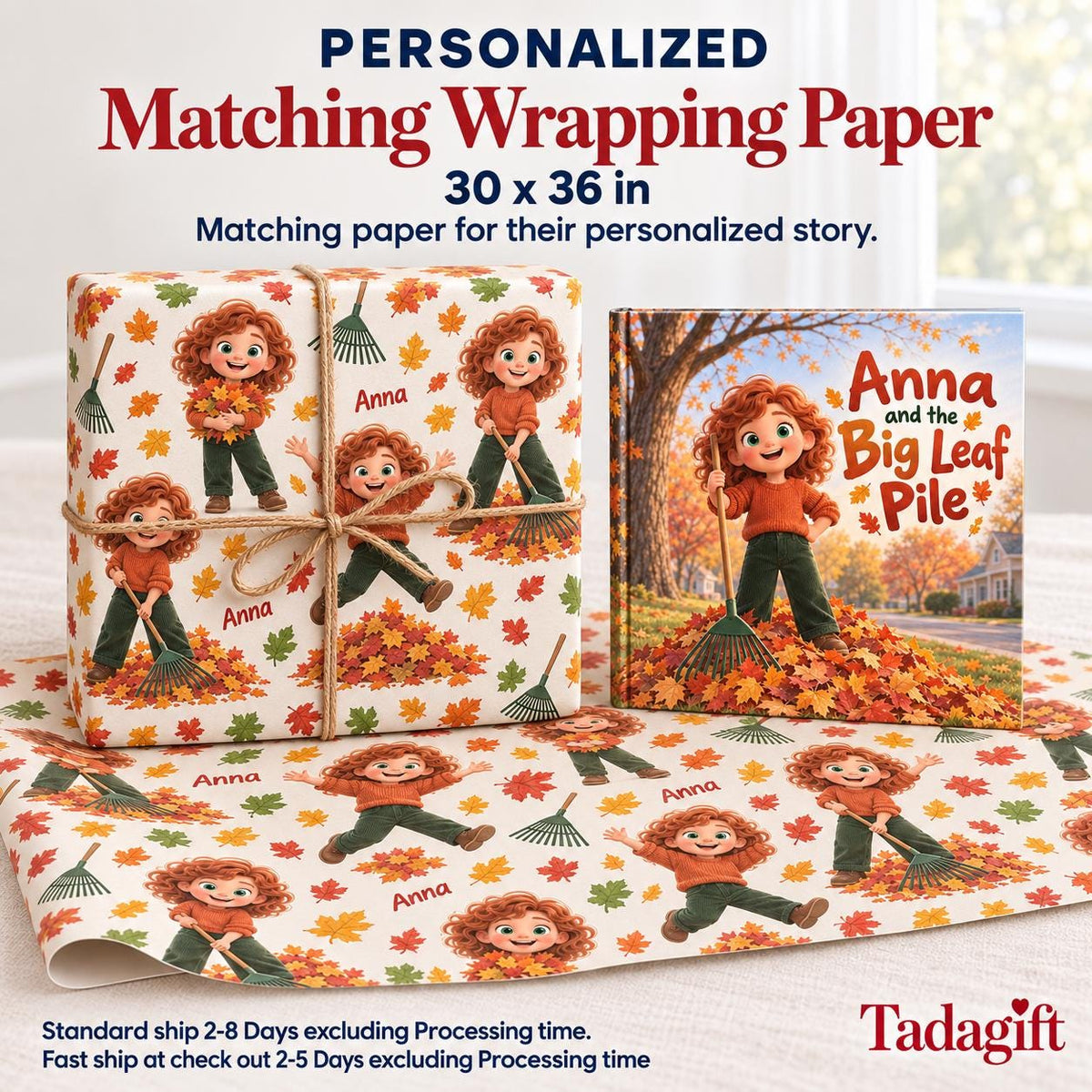Personalized Children's Book in Hardcover: Illustrated Autumn Leaf Pile with Wrapping Paper Included