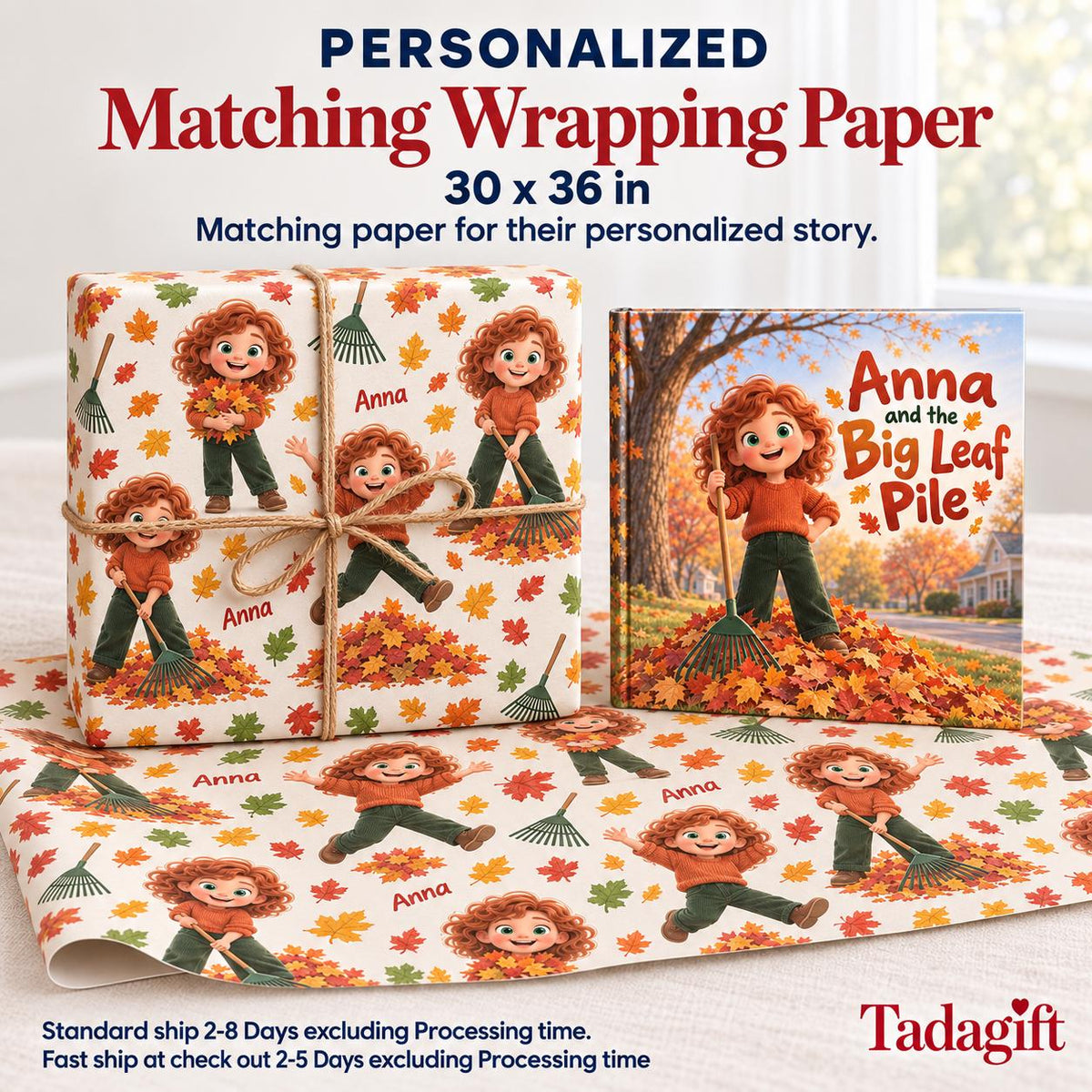 Personalized Children's Book in Hardcover: Illustrated Autumn Leaf Pile with Wrapping Paper Included