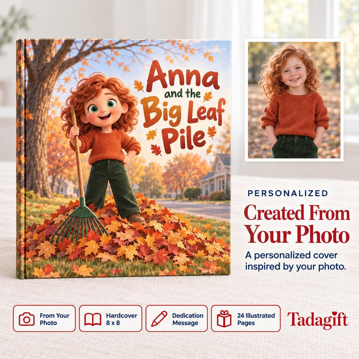 Personalized Children's Book in Hardcover: Illustrated Autumn Leaf Pile with Wrapping Paper Included
