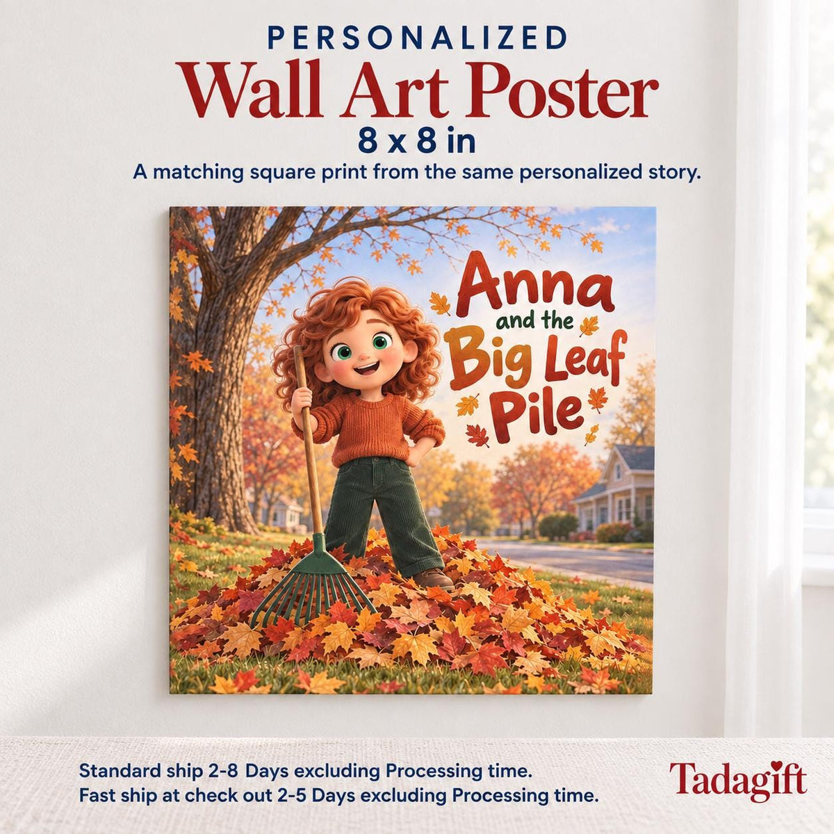 Personalized Children's Book in Hardcover: Illustrated Autumn Leaf Pile with Wrapping Paper Included