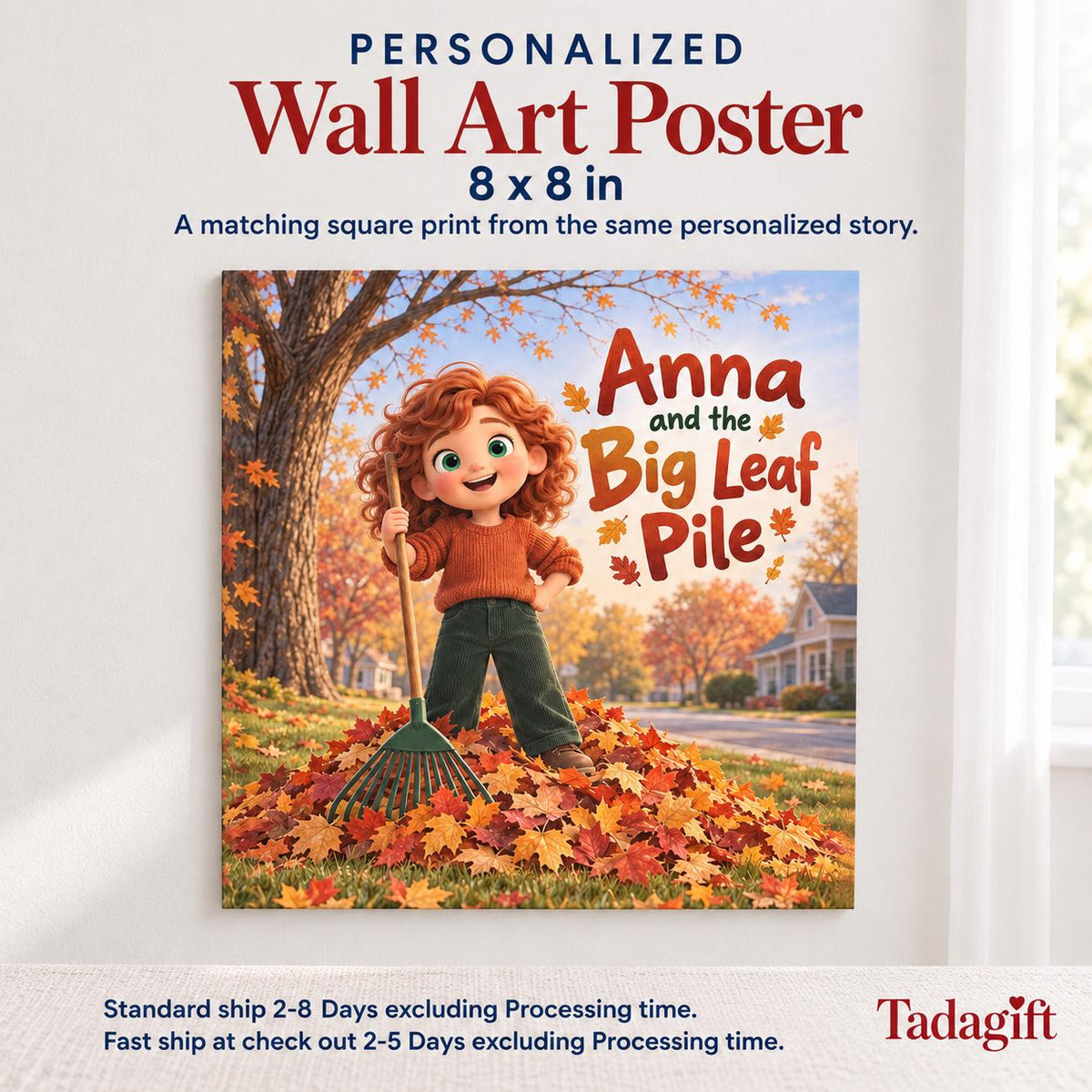 Personalized Children's Book in Hardcover: Illustrated Autumn Leaf Pile with Wrapping Paper Included