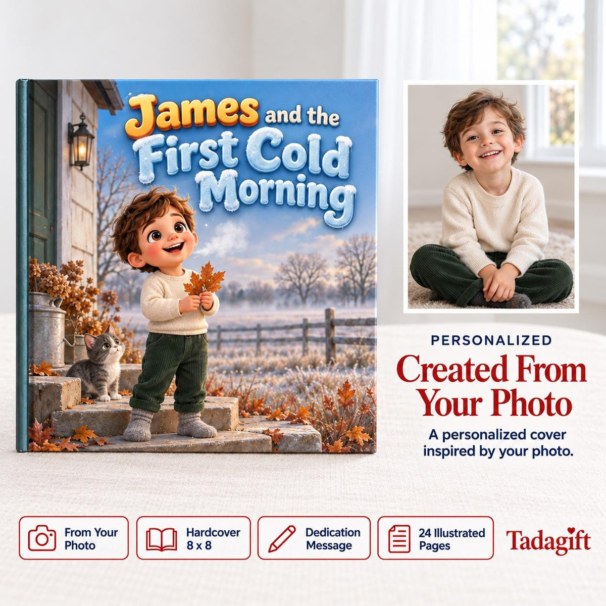 Personalized Children's Book in Hardcover: Illustrated First Cold Morning with Wrapping Paper Included