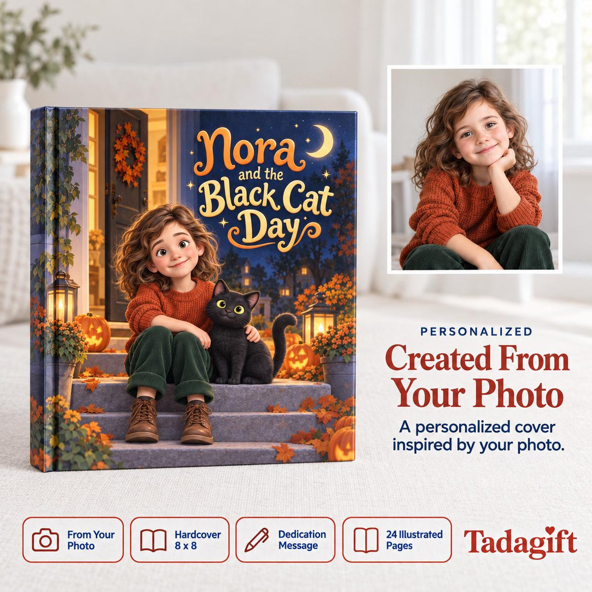 Personalized Children's Book in Hardcover: Illustrated Black Cat Halloween with Wrapping Paper Included