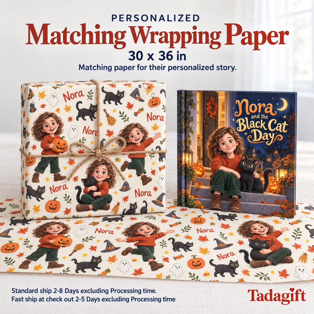 Personalized Children's Book in Hardcover: Illustrated Black Cat Halloween with Wrapping Paper Included