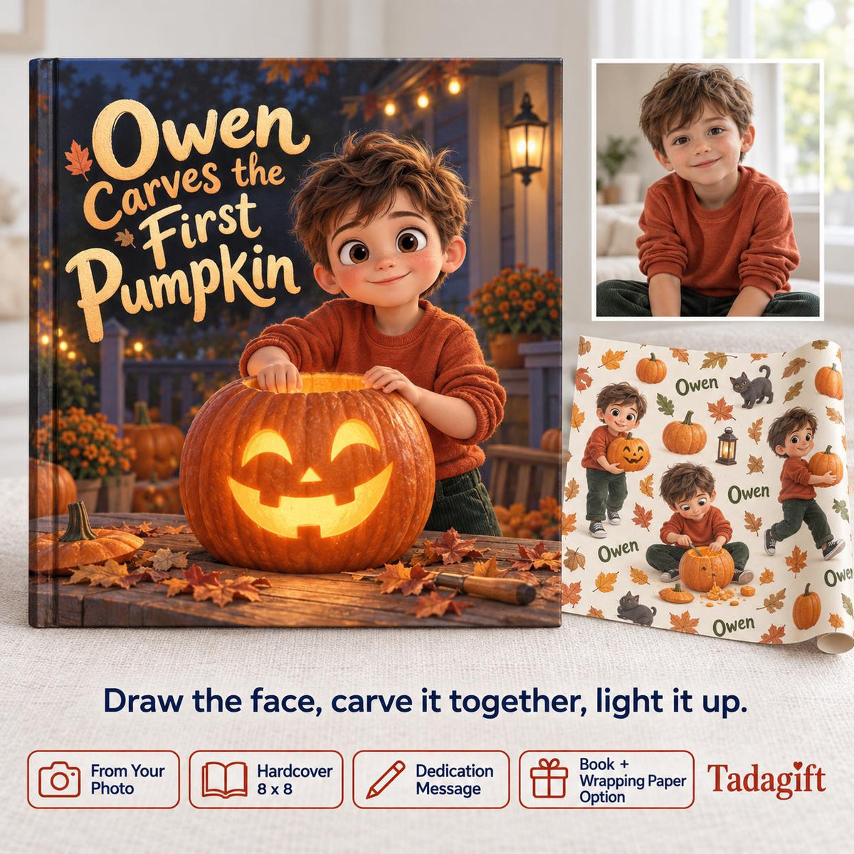 Personalized Children's Book in Hardcover: Halloween Carving Pumpkin Story with Wrapping Paper Included