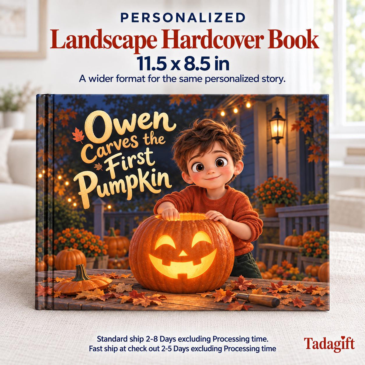 Personalized Children's Book in Hardcover: Halloween Carving Pumpkin Story with Wrapping Paper Included