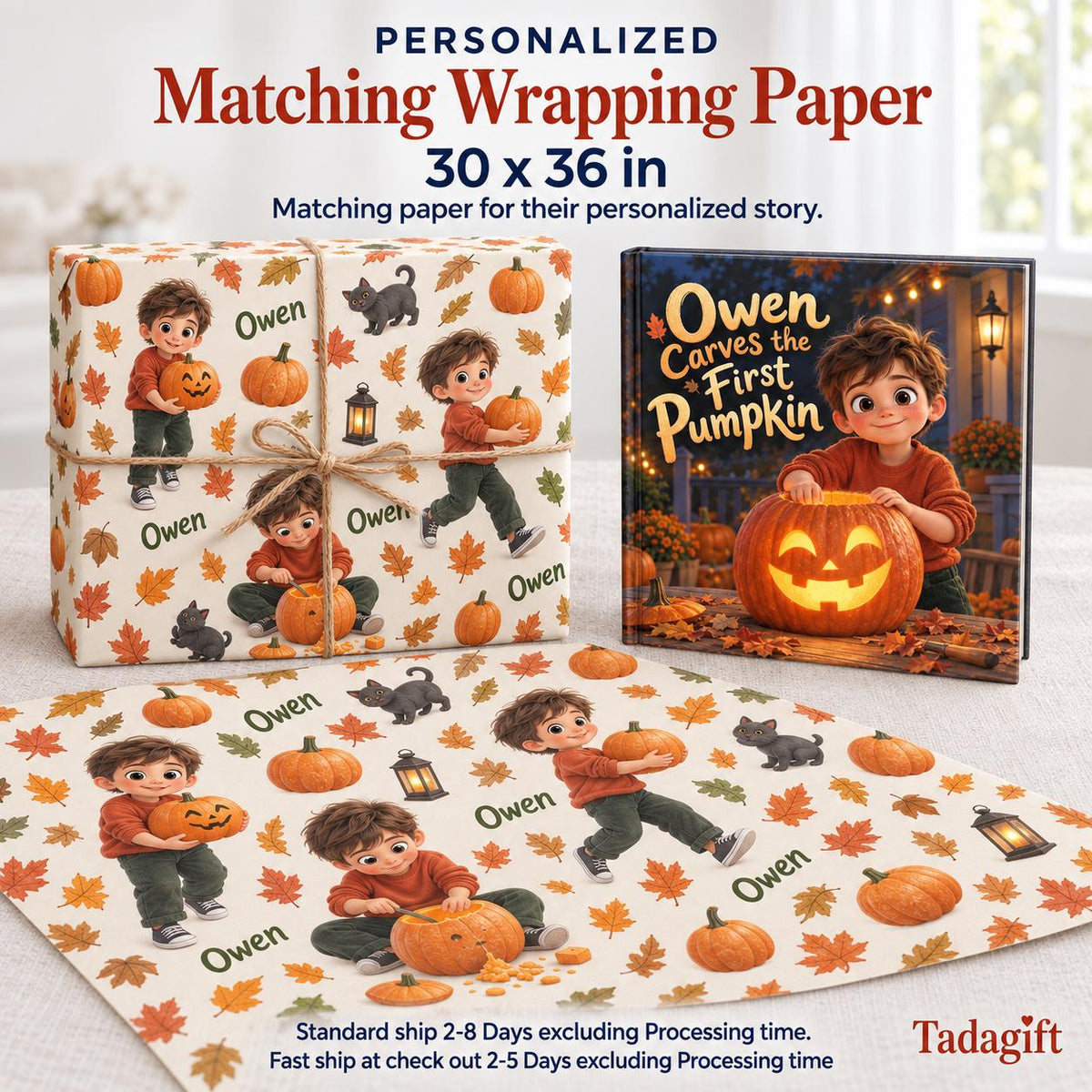 Personalized Children's Book in Hardcover: Halloween Carving Pumpkin Story with Wrapping Paper Included