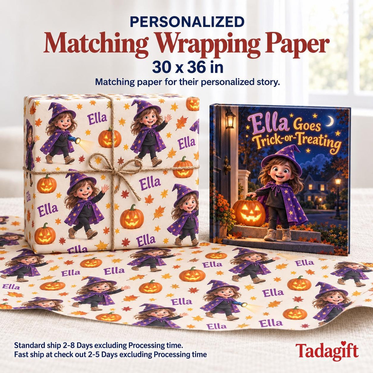Personalized Children's Book in Hardcover: Halloween Trick or Treat Story with Wrapping Paper Included