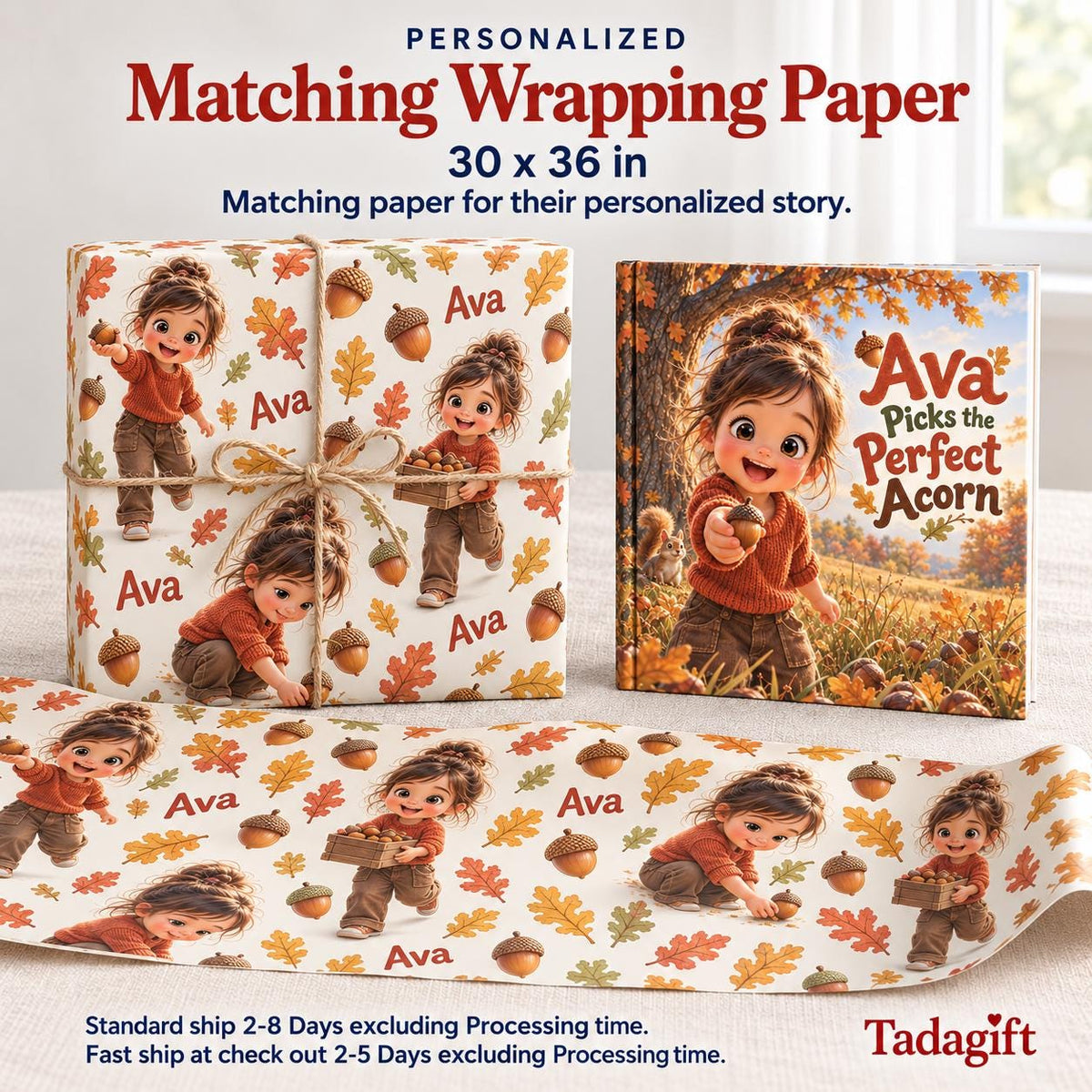 Personalized Children's Book in Hardcover: Illustrated Perfect Acorn Story with Wrapping Paper Included