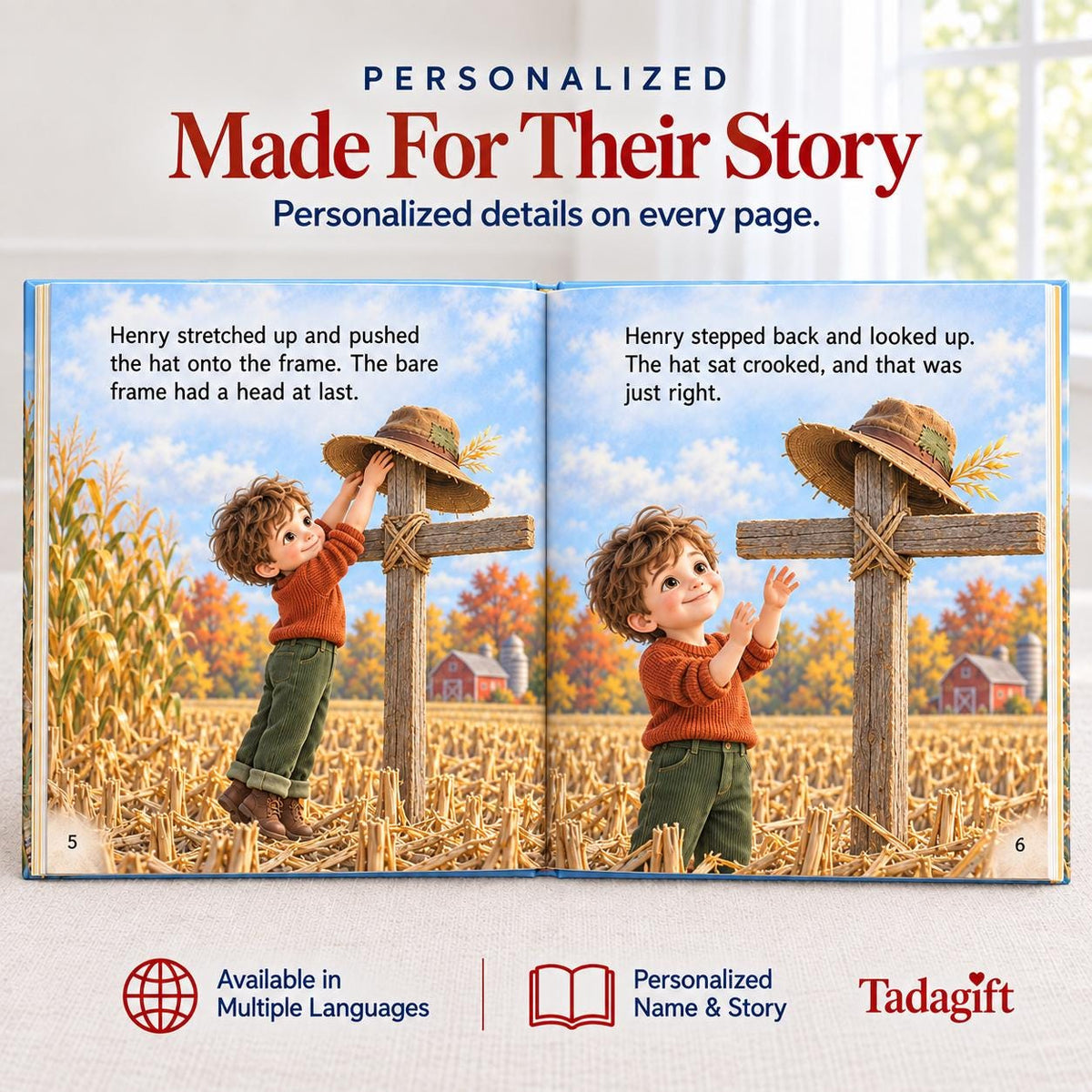 Personalized Children's Book in Hardcover: Illustrated Scarecrow Kids Story with Wrapping Paper Included