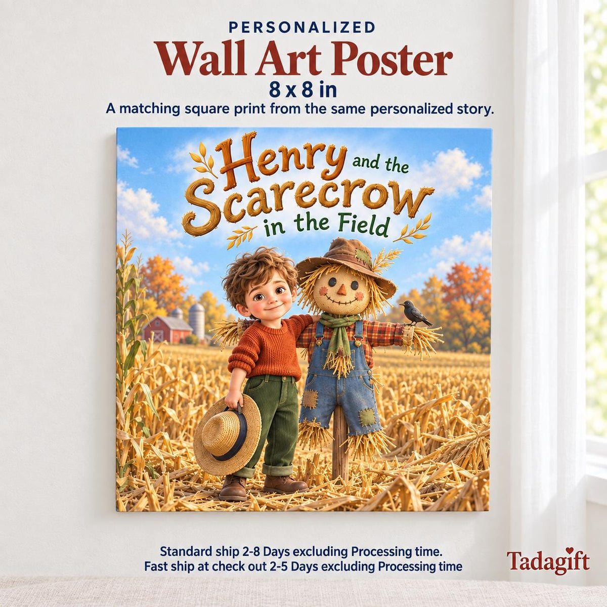 Personalized Children's Book in Hardcover: Illustrated Scarecrow Kids Story with Wrapping Paper Included