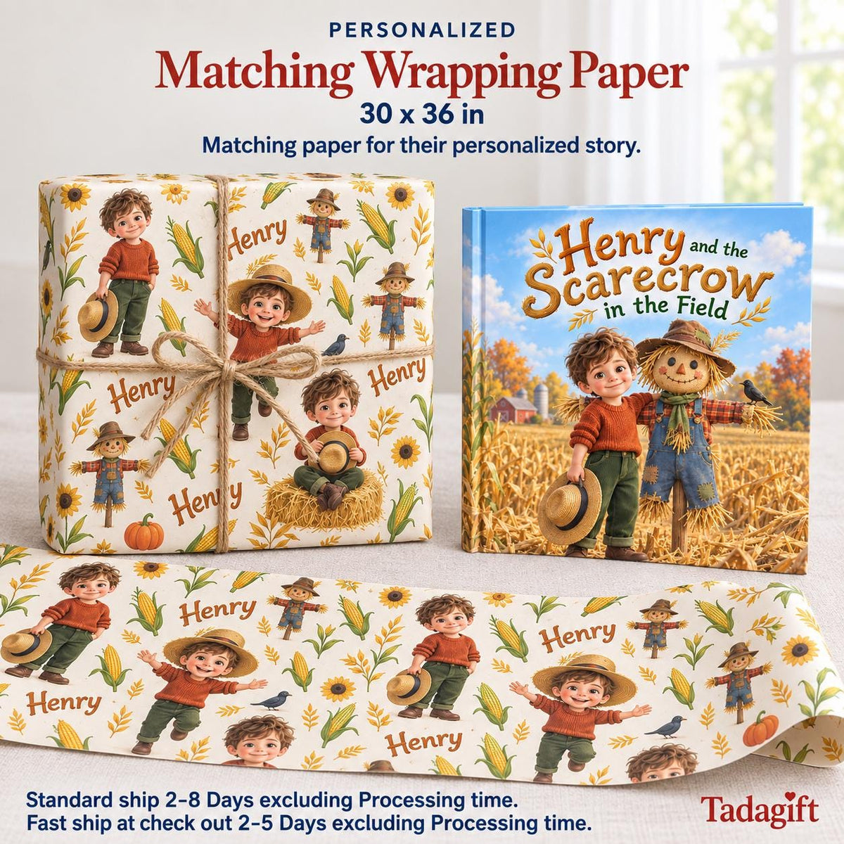 Personalized Children's Book in Hardcover: Illustrated Scarecrow Kids Story with Wrapping Paper Included