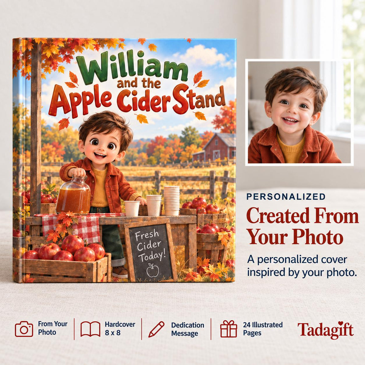 Personalized Children's Book in Hardcover: Illustrated Cider Stand Story with Wrapping Paper Included