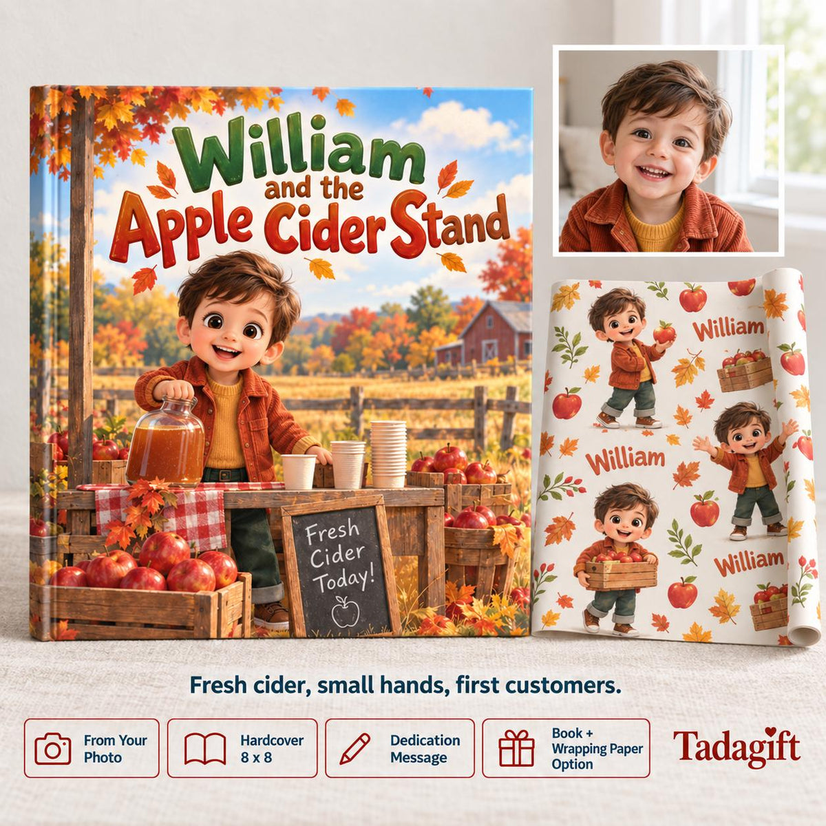 Personalized Children's Book in Hardcover: Illustrated Cider Stand Story with Wrapping Paper Included