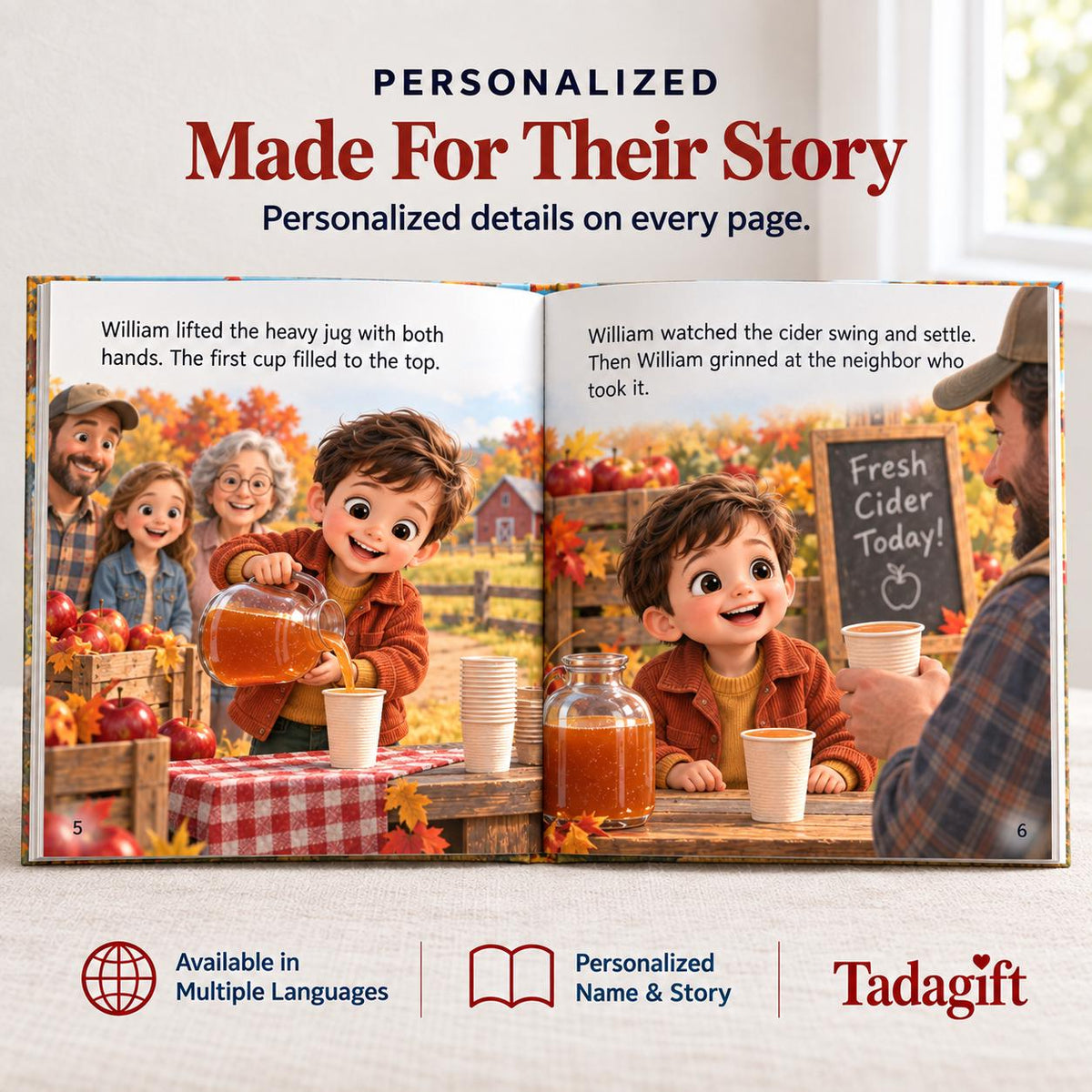 Personalized Children's Book in Hardcover: Illustrated Cider Stand Story with Wrapping Paper Included
