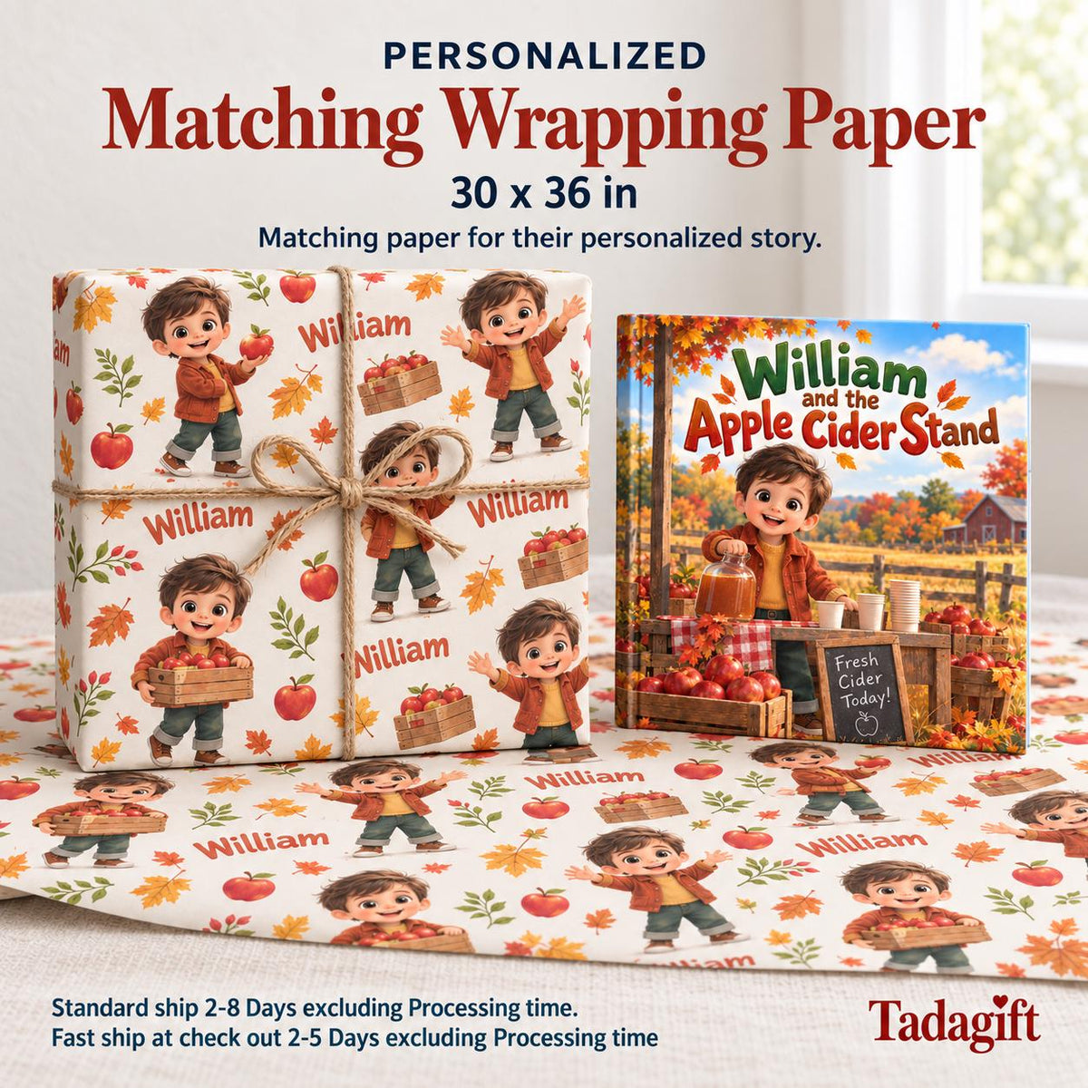 Personalized Children's Book in Hardcover: Illustrated Cider Stand Story with Wrapping Paper Included