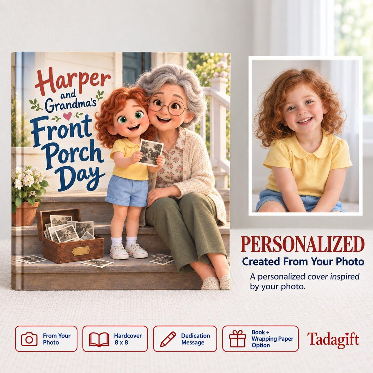 Personalized Children's Book in Hardcover: Illustrated Grandmas Front Porch with Wrapping Paper Included